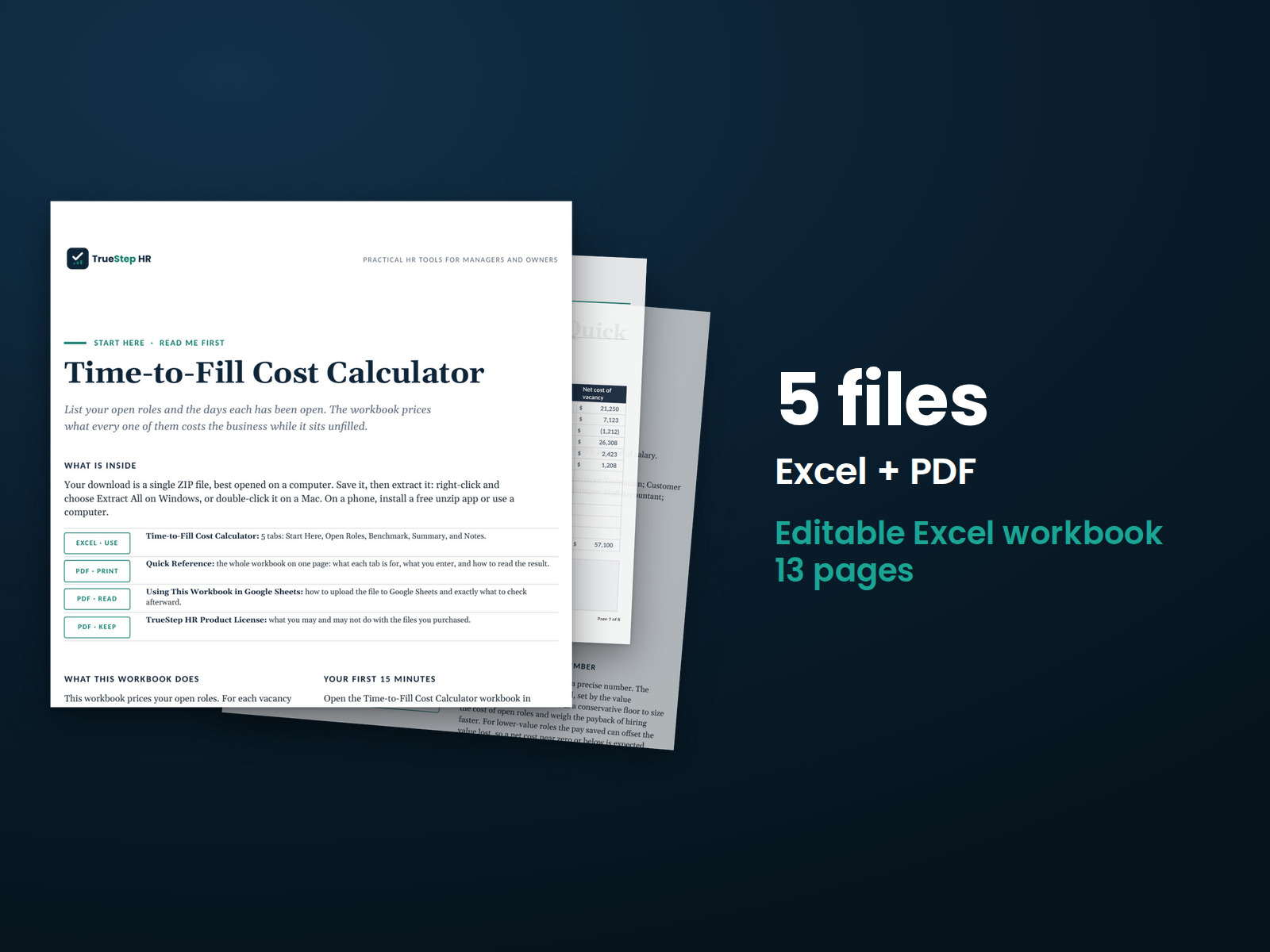 Time-to-Fill Cost Calculator — the 5 files in this download shown as a stack of real pages: Excel + PDF, 13 pages in all.