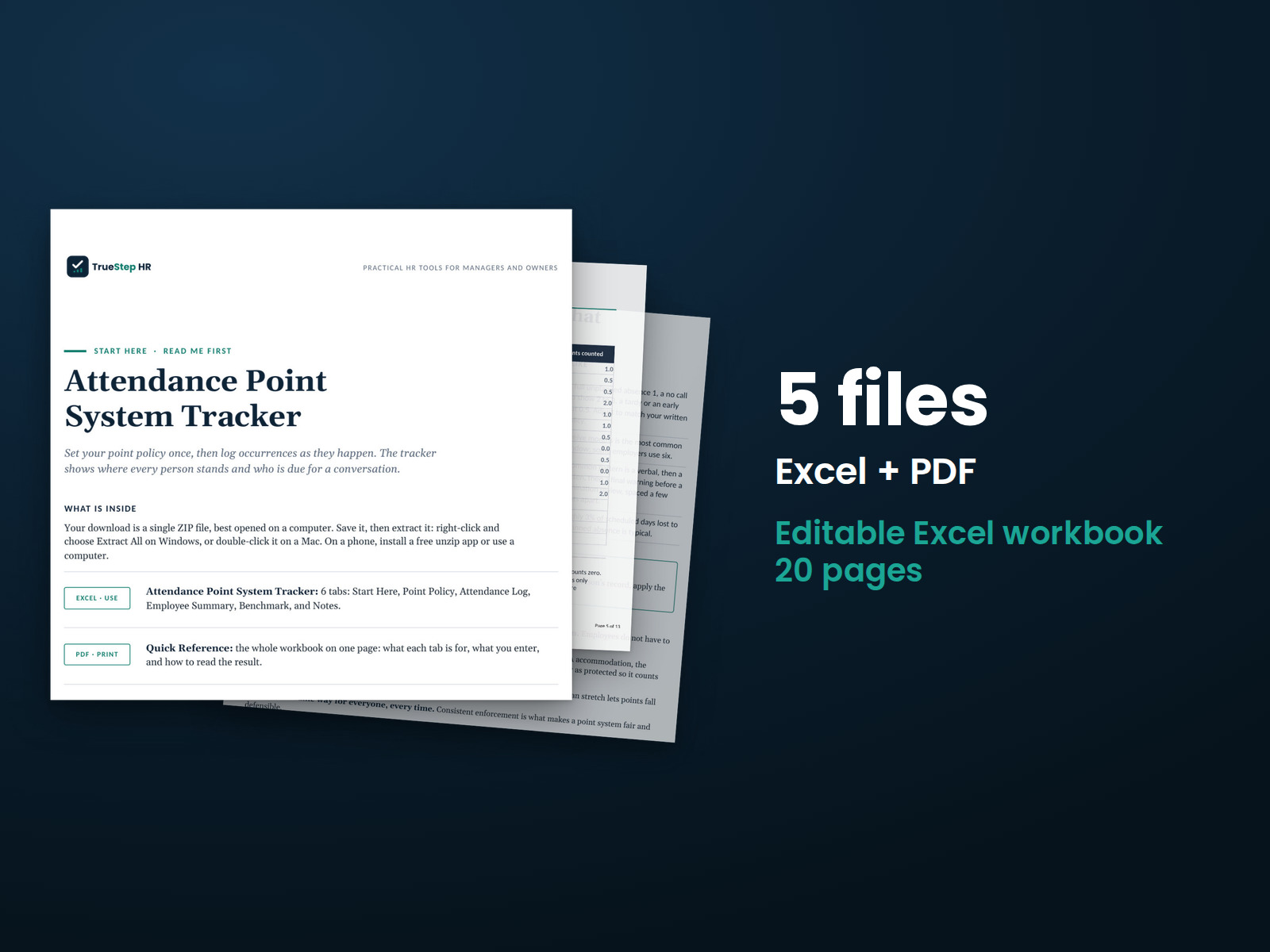 Attendance Point System Tracker — the 5 files in this download shown as a stack of real pages: Excel + PDF, 20 pages in all.