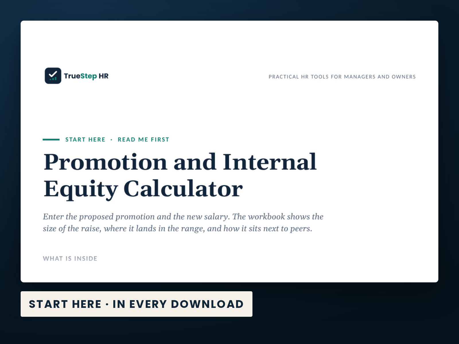 Promotion and Internal Equity Calculator — the Start Here guide from the download, listing every file and the order to use them.