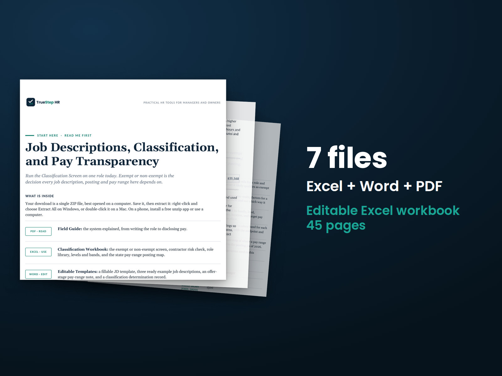 JD Classification and Pay Transparency Kit — the 7 files in this download shown as a stack of real pages: Excel + Word + PDF, 45 pages in all.