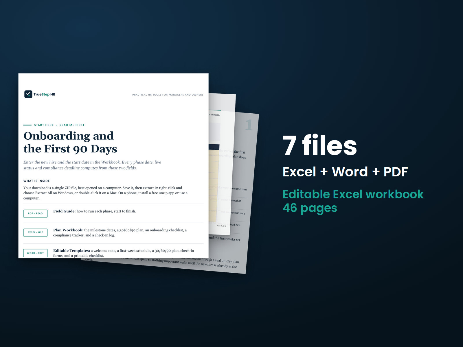 New Hire Onboarding 30-60-90 Kit — the 7 files in this download shown as a stack of real pages: Excel + Word + PDF, 46 pages in all.