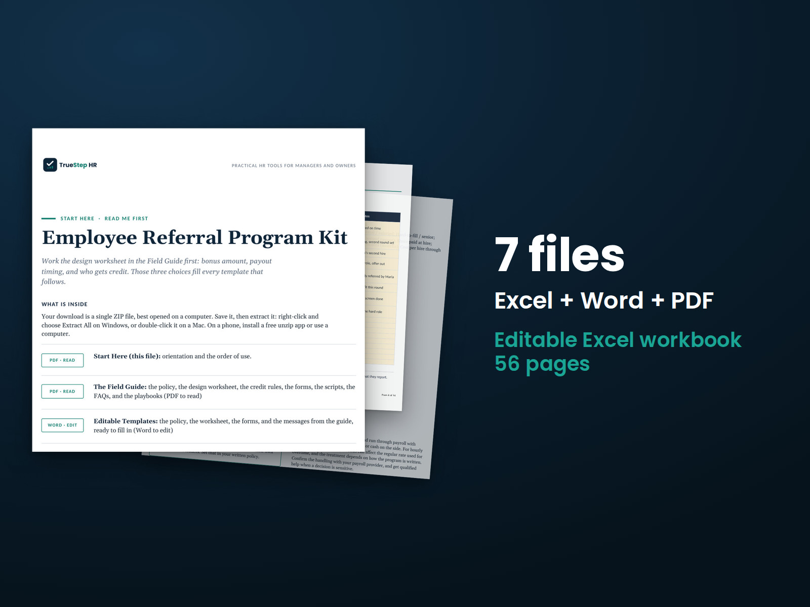 Employee Referral Program Kit — the 7 files in this download shown as a stack of real pages: Excel + Word + PDF, 56 pages in all.