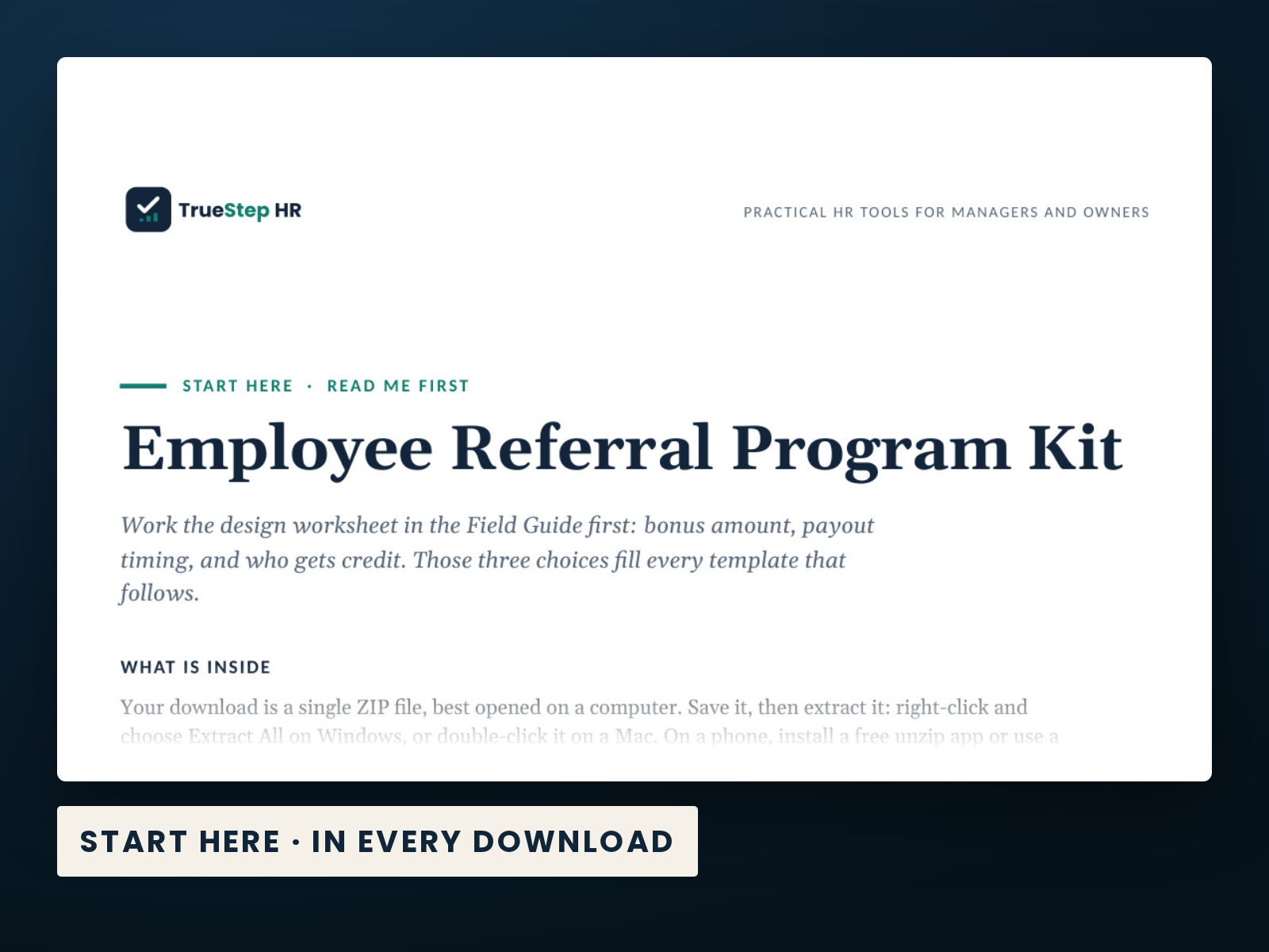 Employee Referral Program Kit — the Start Here guide from the download, listing every file and the order to use them.