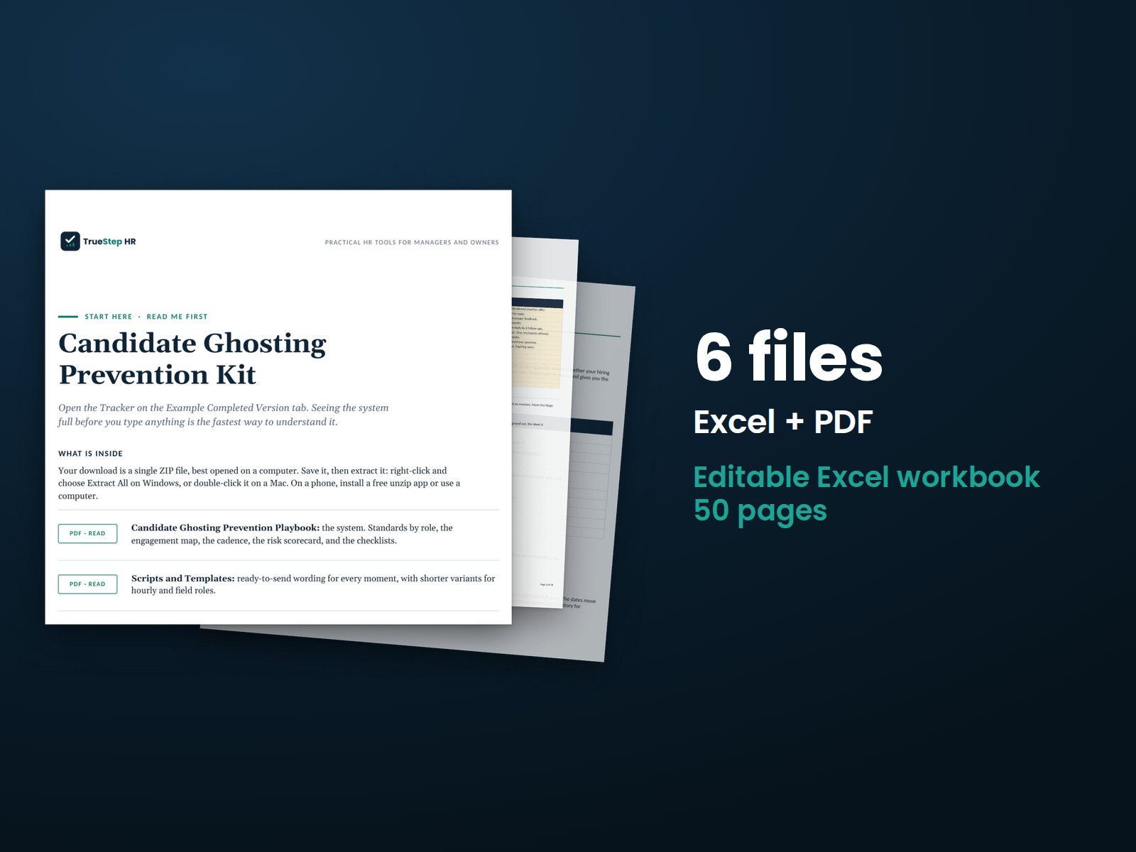 Candidate Ghosting Prevention Kit — the 6 files in this download shown as a stack of real pages: Excel + PDF, 50 pages in all.