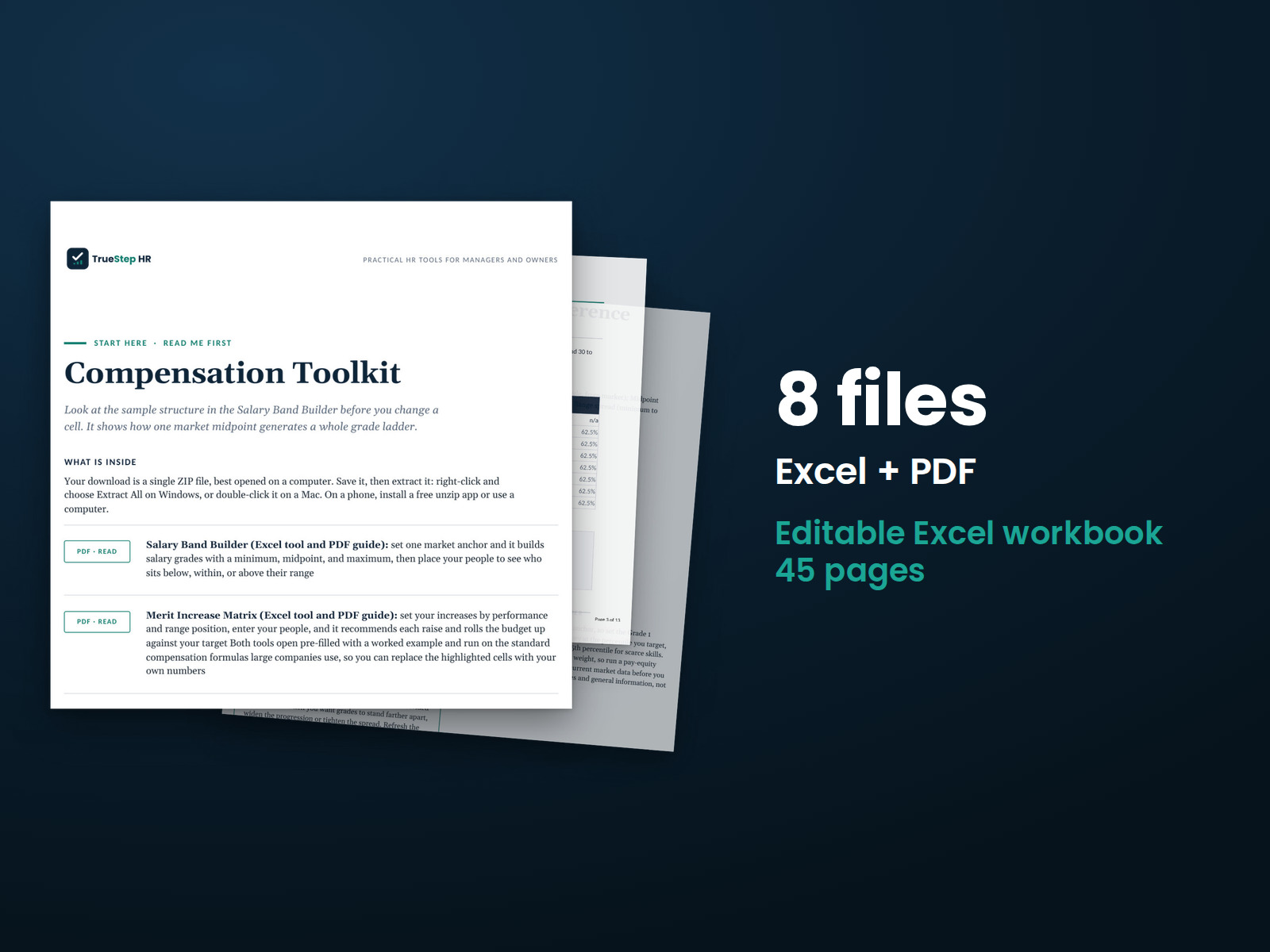 Compensation Toolkit — the 8 files in this download shown as a stack of real pages: Excel + PDF, 45 pages in all.