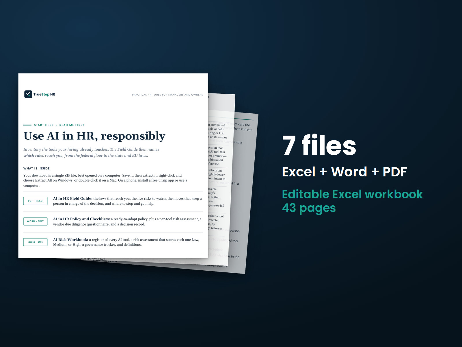 AI in HR Policy and Risk Checklist — the 7 files in this download shown as a stack of real pages: Excel + Word + PDF, 43 pages in all.
