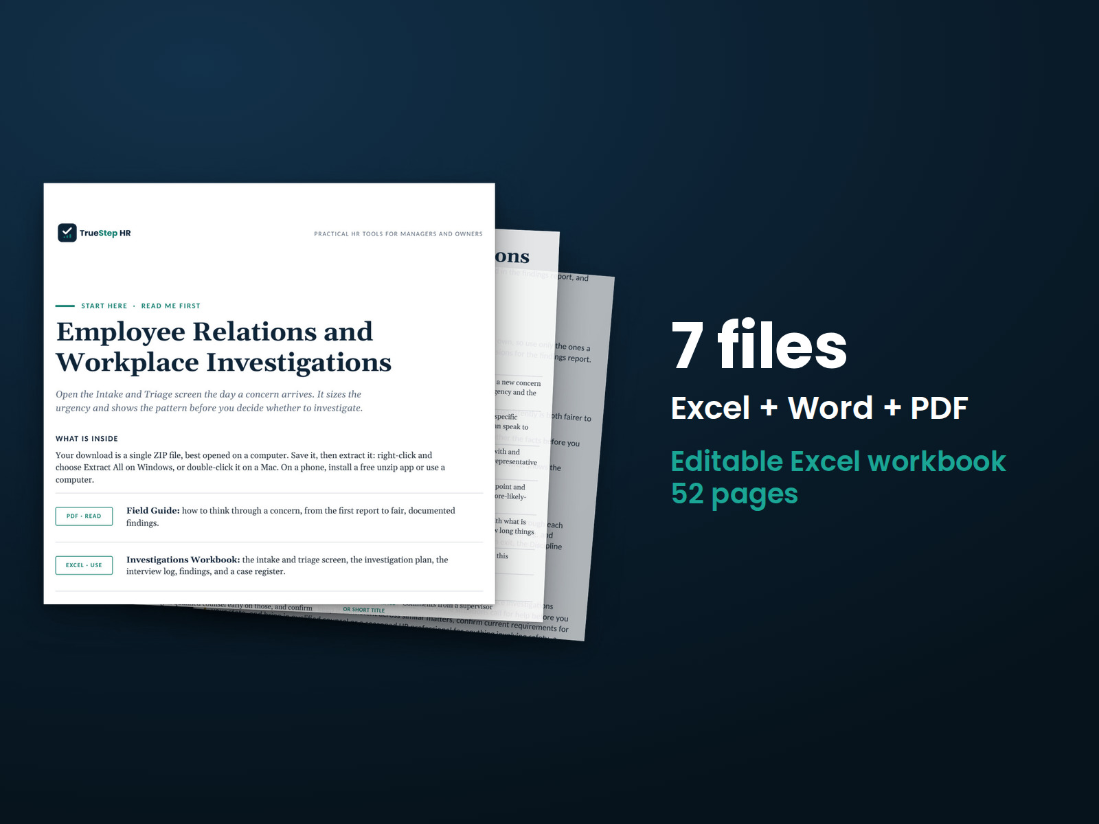 Employee Relations and Workplace Investigations Kit — the 7 files in this download shown as a stack of real pages: Excel + Word + PDF, 52 pages in all.