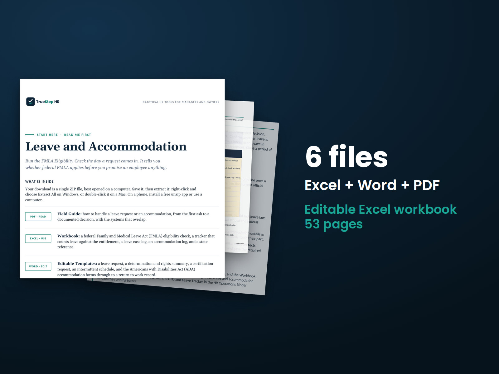 Leave and Accommodation Kit — the 6 files in this download shown as a stack of real pages: Excel + Word + PDF, 53 pages in all.