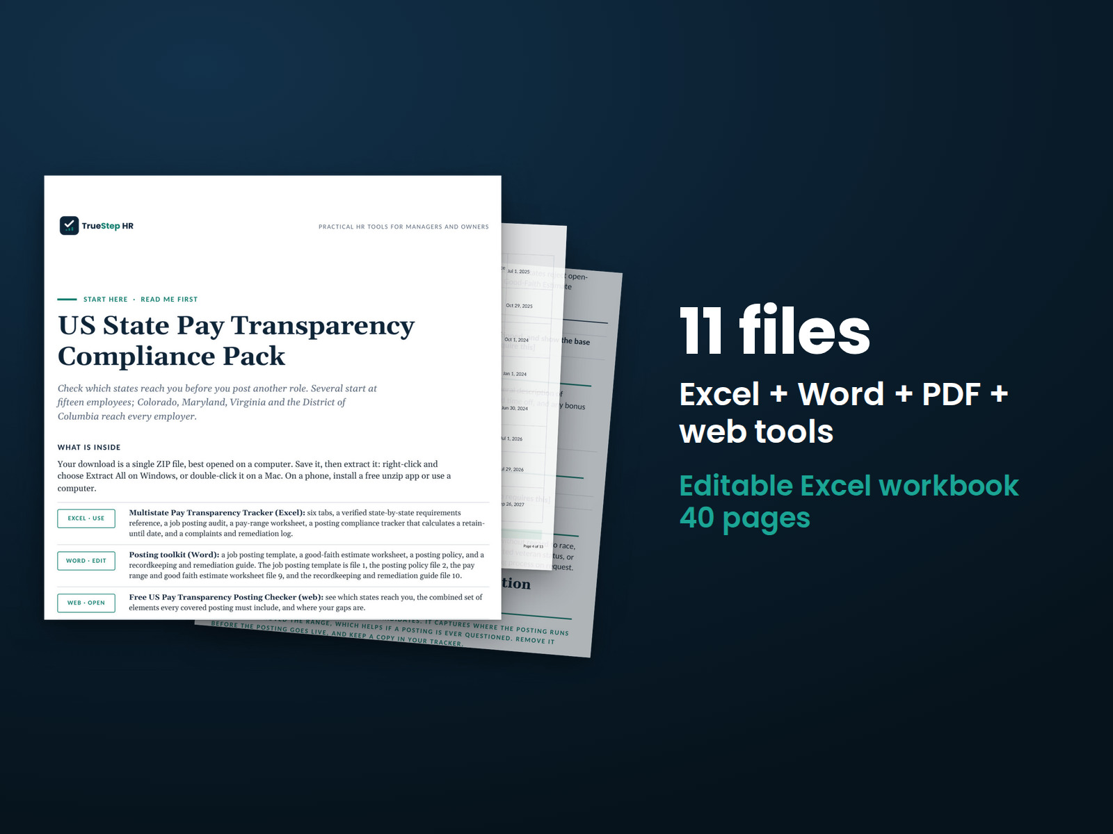 US State Pay Transparency Pack — the 11 files in this download shown as a stack of real pages: Excel + Word + PDF + web tools, 40 pages in all.