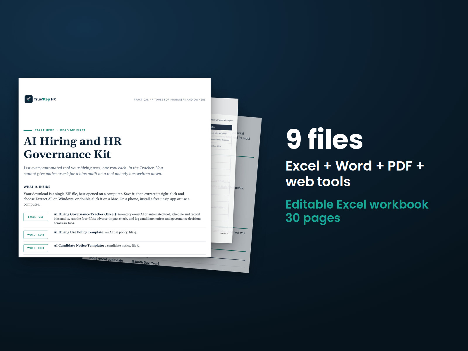 AI Hiring and HR Governance Kit — the 9 files in this download shown as a stack of real pages: Excel + Word + PDF + web tools, 30 pages in all.
