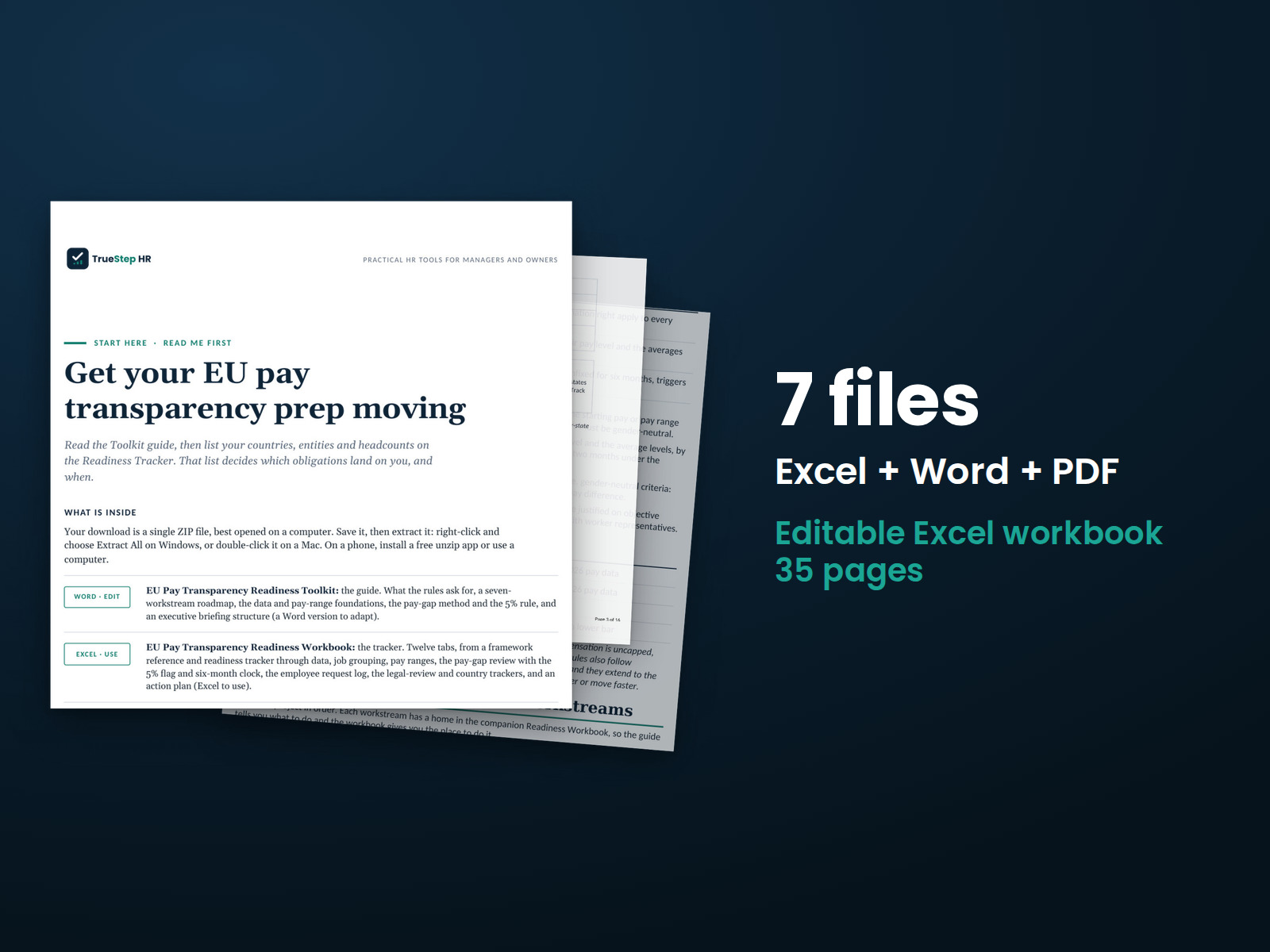 EU Pay Transparency Readiness Toolkit — the 7 files in this download shown as a stack of real pages: Excel + Word + PDF, 35 pages in all.