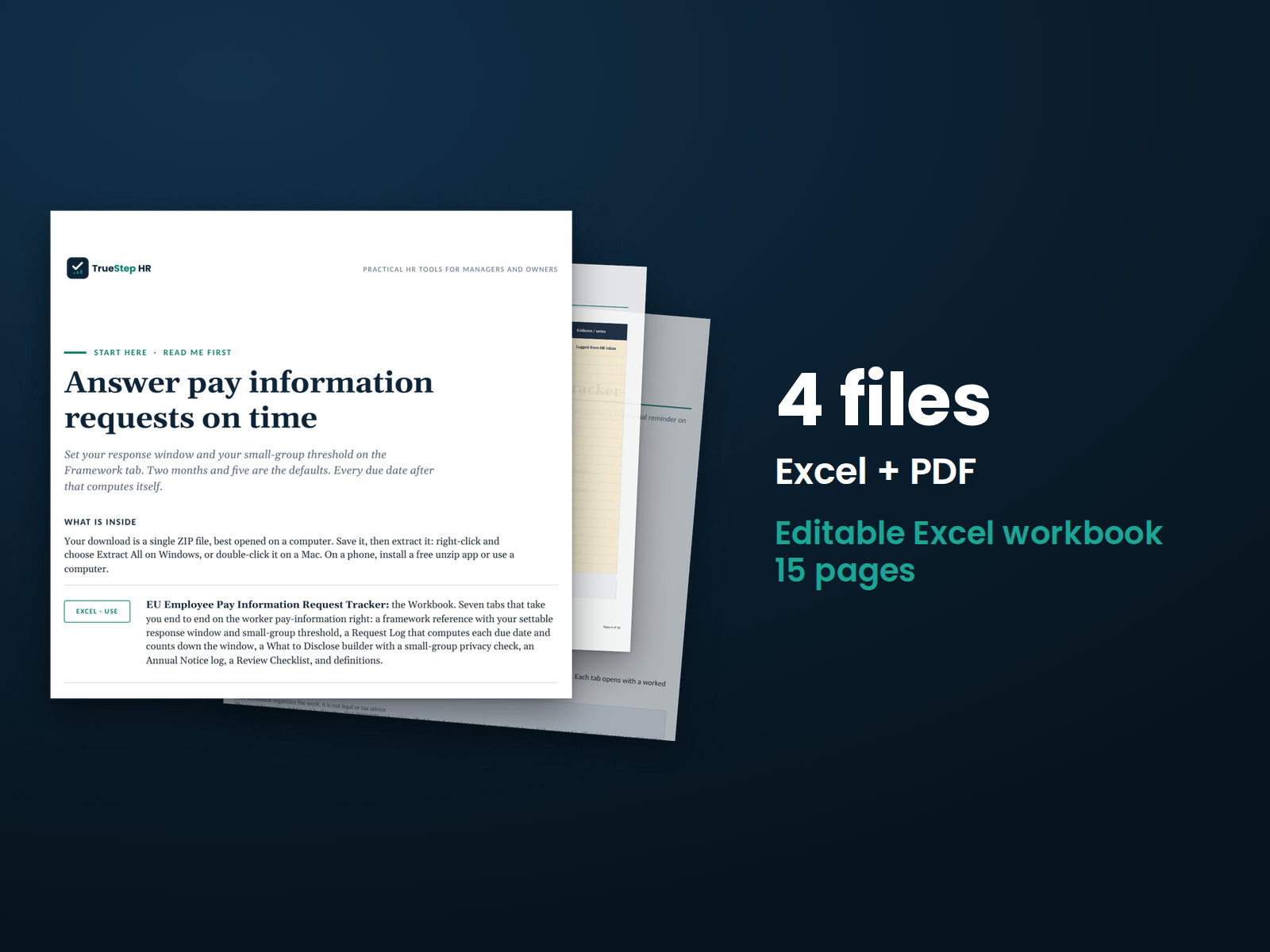 EU Employee Pay Information Request Tracker — the 4 files in this download shown as a stack of real pages: Excel + PDF, 15 pages in all.