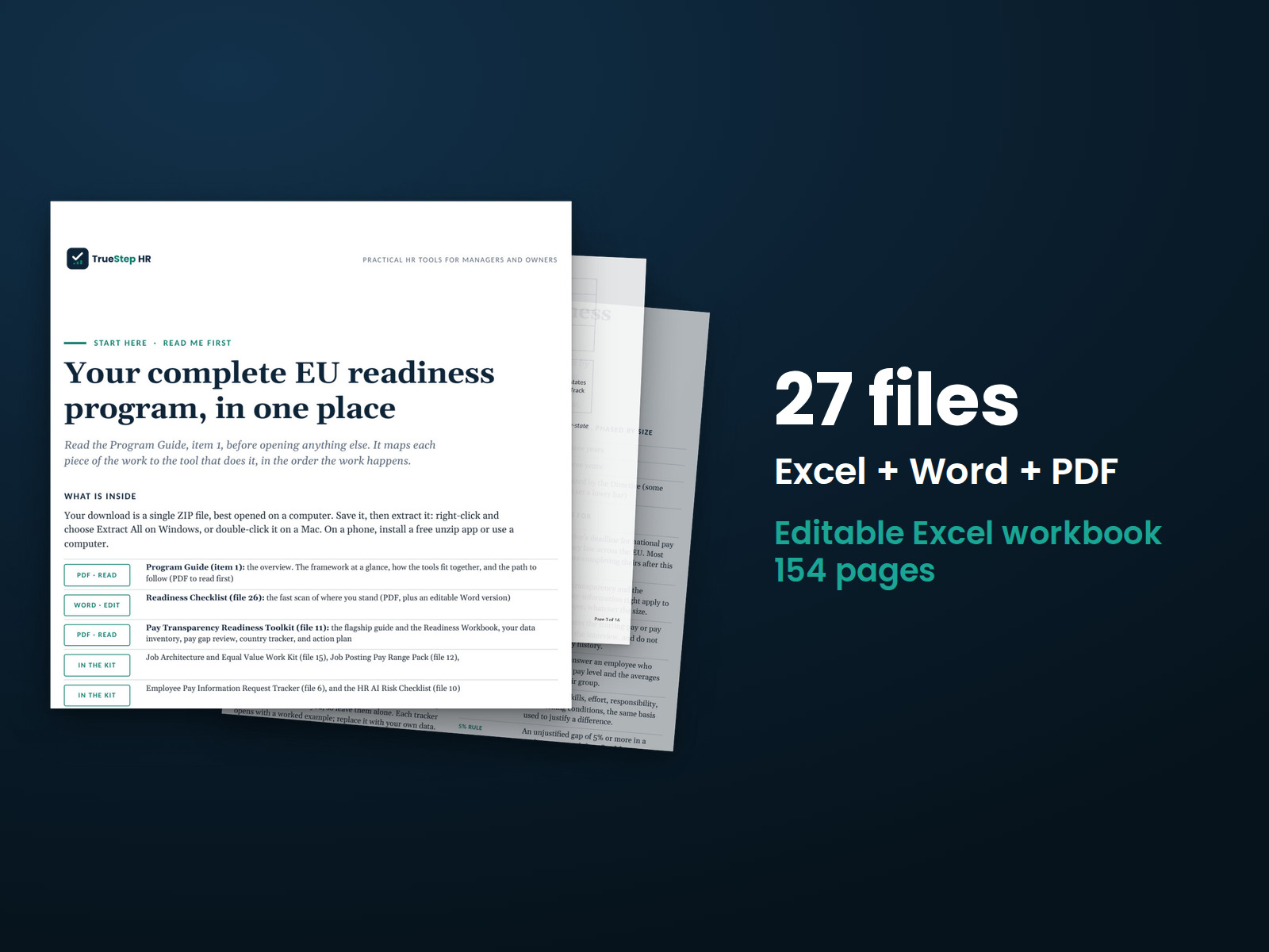 Global Employer EU Readiness Bundle — the 27 files in this download shown as a stack of real pages: Excel + Word + PDF, 154 pages in all.