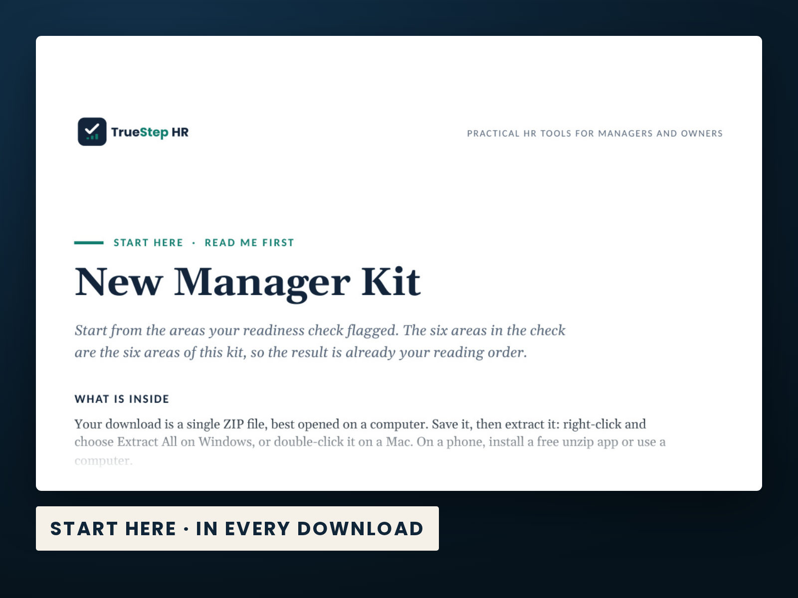 New Manager Kit — the Start Here guide from the download, listing every file and the order to use them.
