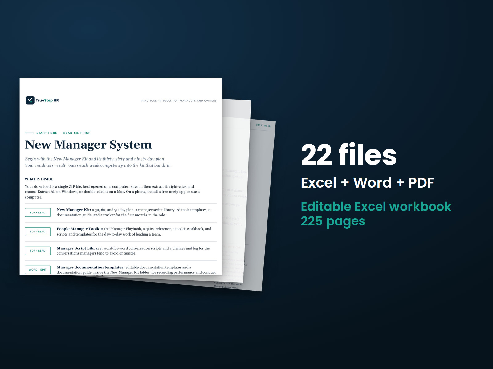 New Manager System — the 22 files in this download shown as a stack of real pages: Excel + Word + PDF, 225 pages in all.