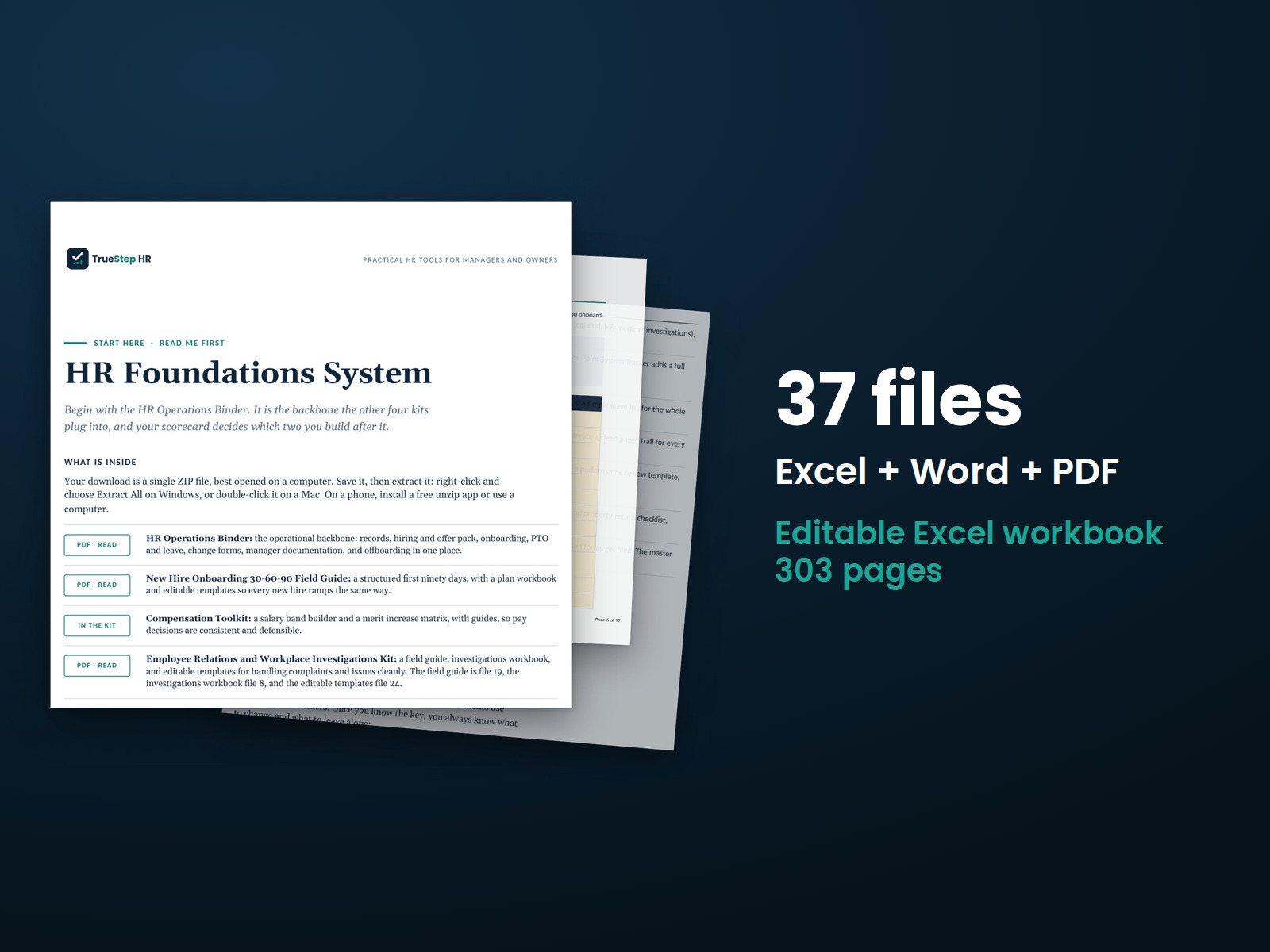 HR Foundations Bundle — the 37 files in this download shown as a stack of real pages: Excel + Word + PDF, 303 pages in all.