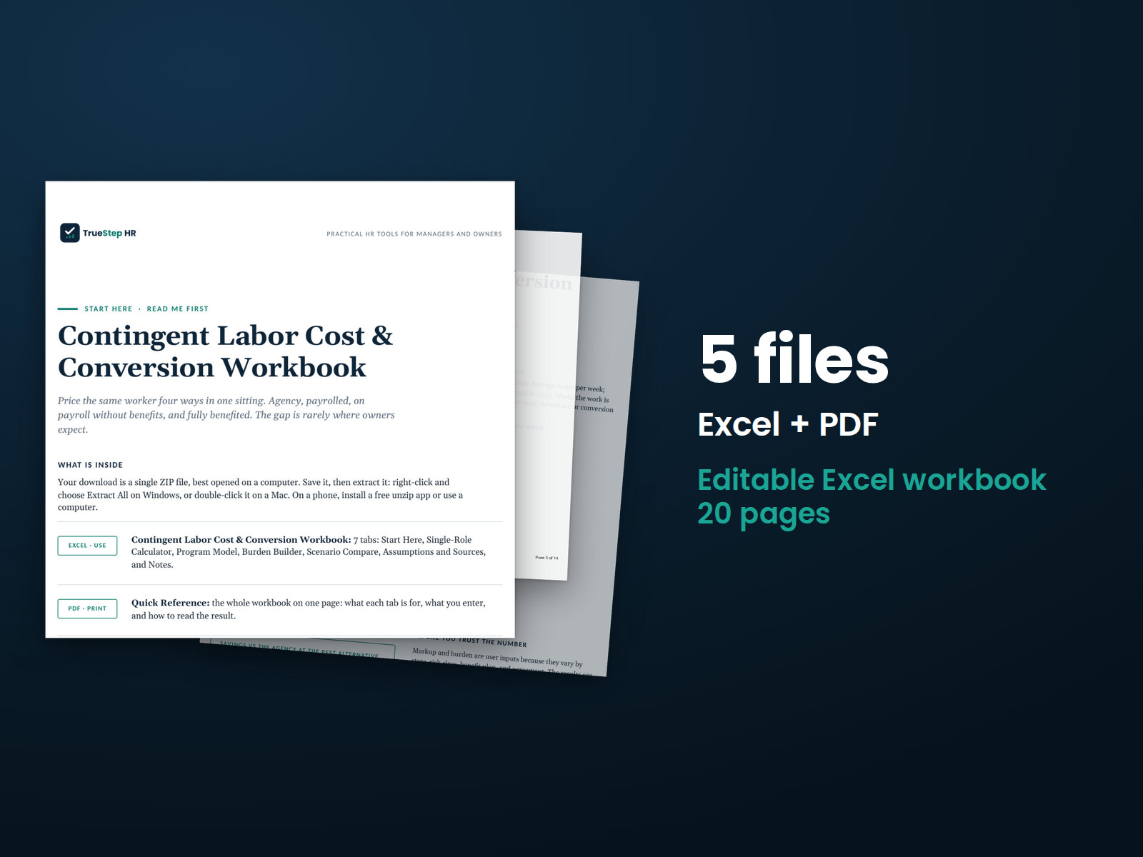 Contingent Labor Cost and Conversion Workbook — the 5 files in this download shown as a stack of real pages: Excel + PDF, 20 pages in all.