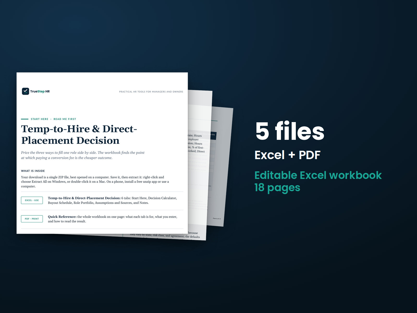 Temp-to-Hire and Direct-Placement Decision Workbook — the 5 files in this download shown as a stack of real pages: Excel + PDF, 18 pages in all.