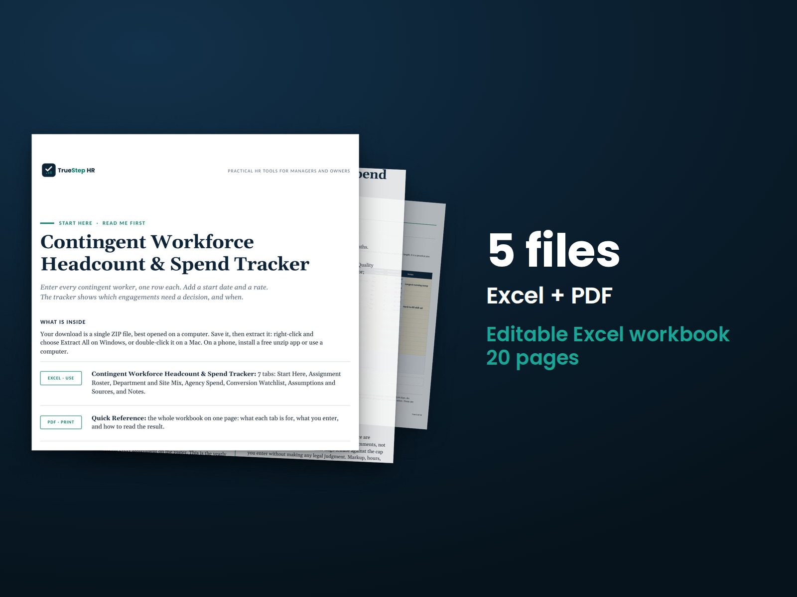 Contingent Workforce Headcount and Spend Tracker — the 5 files in this download shown as a stack of real pages: Excel + PDF, 20 pages in all.