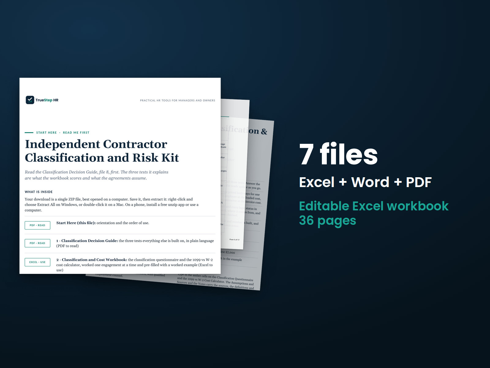Independent Contractor Classification and Risk Kit — the 7 files in this download shown as a stack of real pages: Excel + Word + PDF, 36 pages in all.