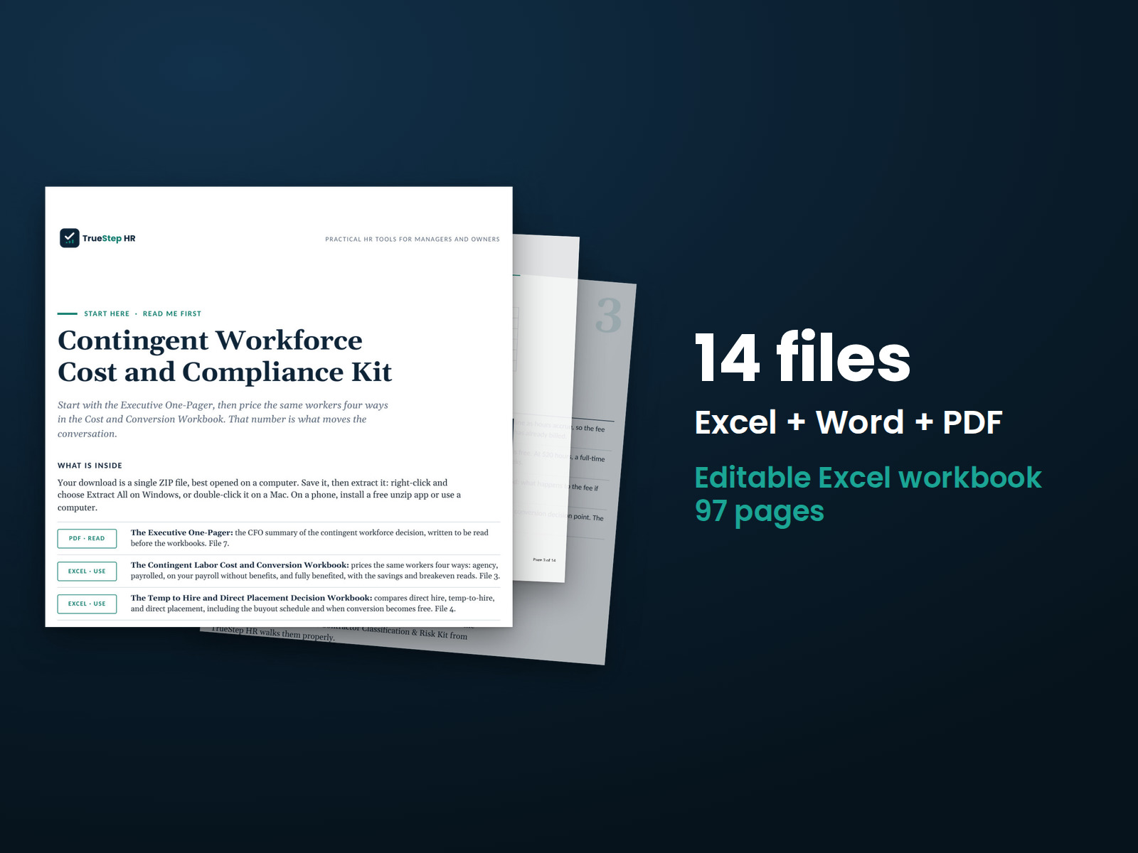 Contingent Workforce Cost and Compliance Kit — the 14 files in this download shown as a stack of real pages: Excel + Word + PDF, 97 pages in all.