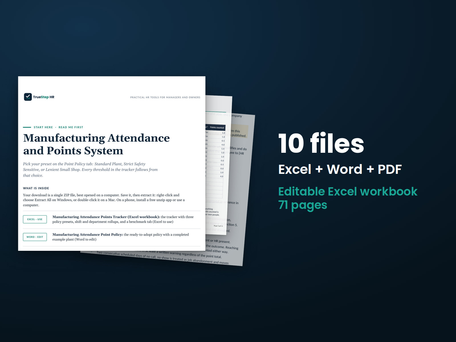 Manufacturing Attendance and Points System — the 10 files in this download shown as a stack of real pages: Excel + Word + PDF, 71 pages in all.