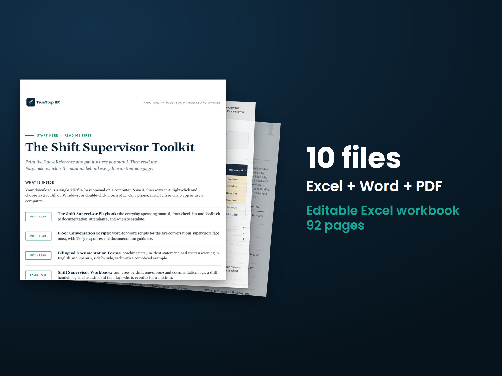 Shift Supervisor Toolkit — the 10 files in this download shown as a stack of real pages: Excel + Word + PDF, 92 pages in all.