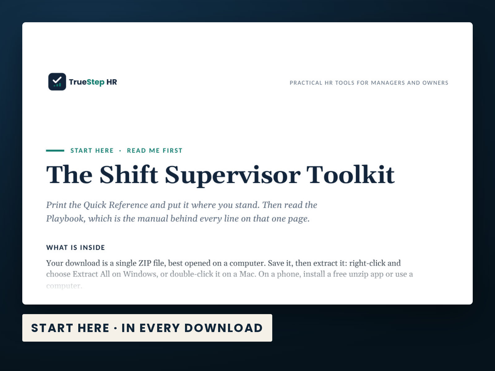Shift Supervisor Toolkit — the Start Here guide from the download, listing every file and the order to use them.