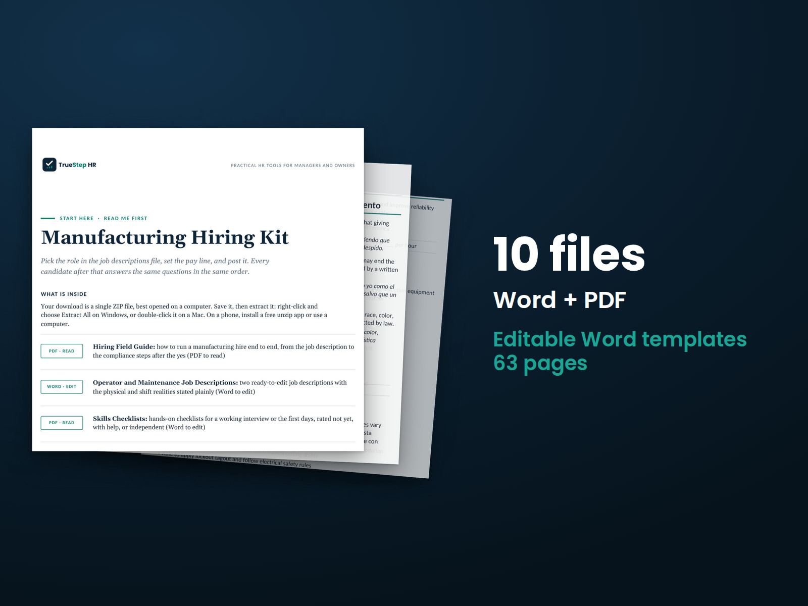 Manufacturing Hiring Kit — the 10 files in this download shown as a stack of real pages: Word + PDF, 63 pages in all.
