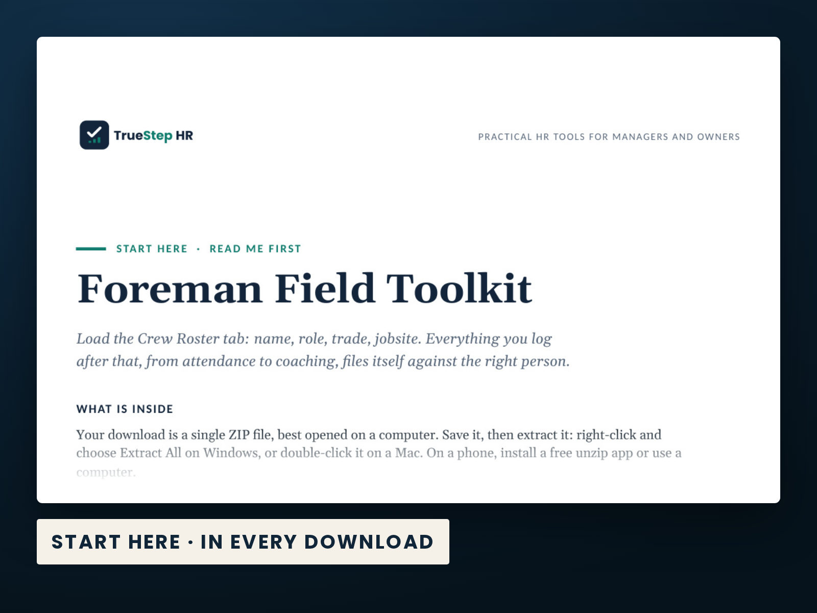 Foreman Field Toolkit — the Start Here guide from the download, listing every file and the order to use them.