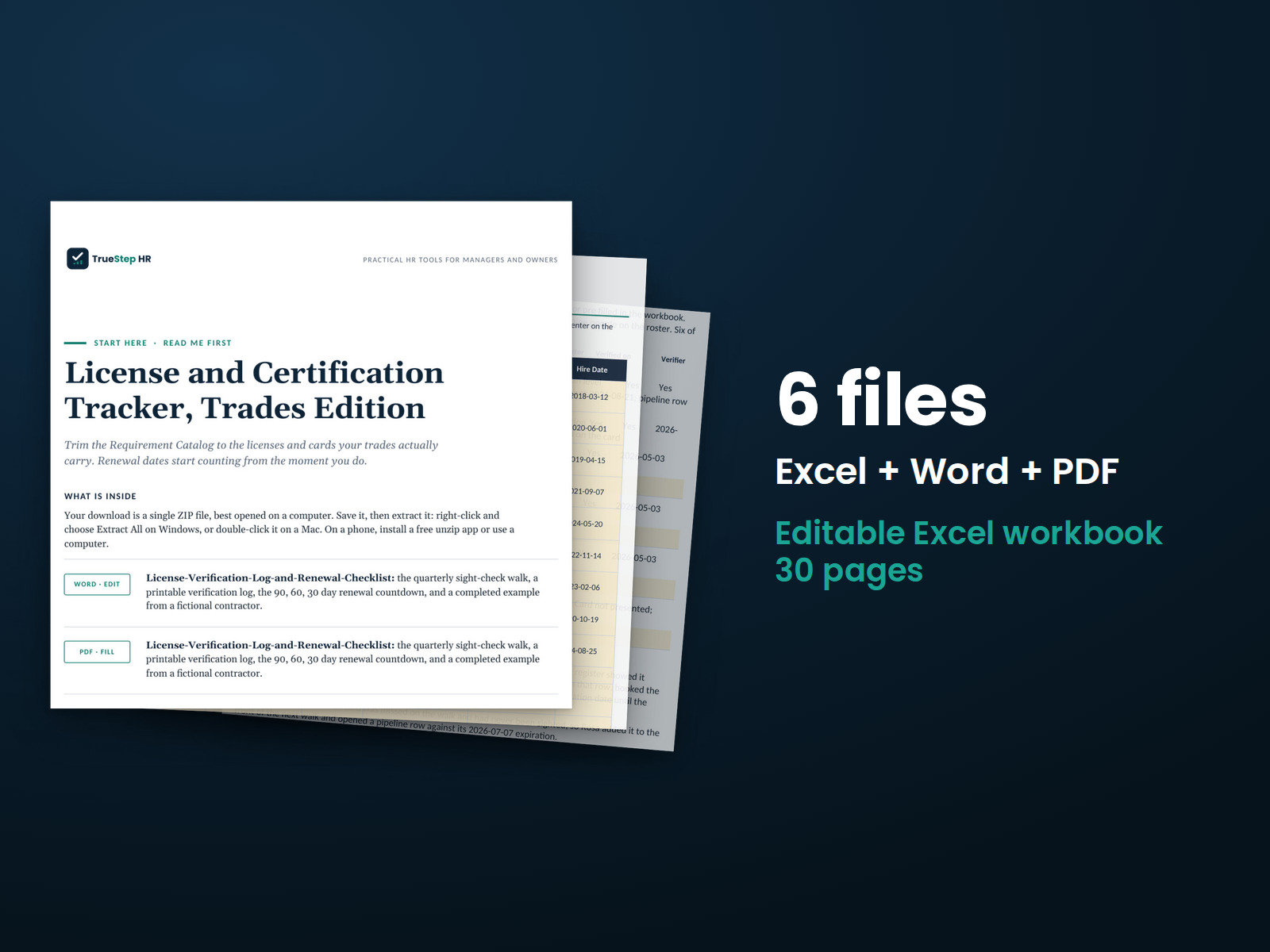 License and Certification Tracker, Trades Edition — the 6 files in this download shown as a stack of real pages: Excel + Word + PDF, 30 pages in all.