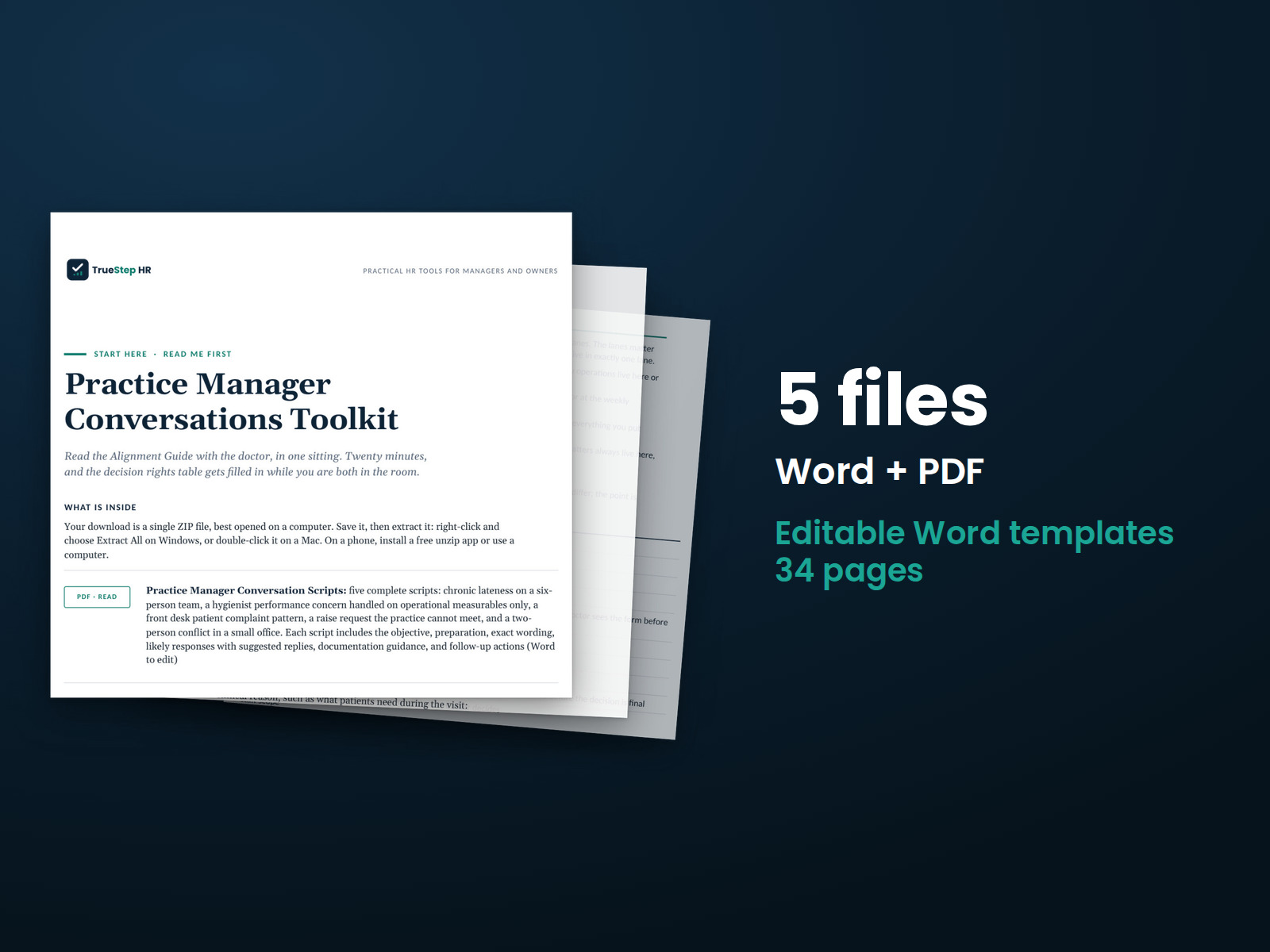 Practice Manager Conversations Toolkit — the 5 files in this download shown as a stack of real pages: Word + PDF, 34 pages in all.