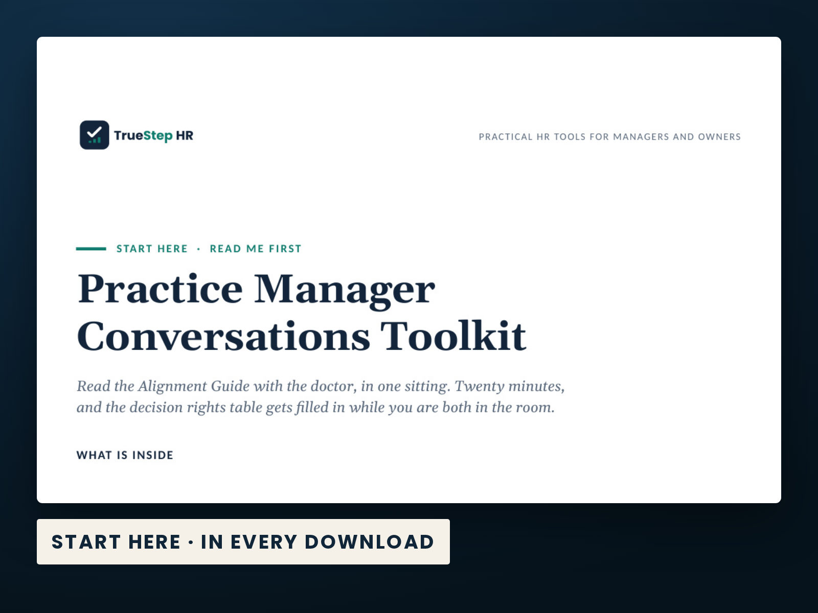 Practice Manager Conversations Toolkit — the Start Here guide from the download, listing every file and the order to use them.