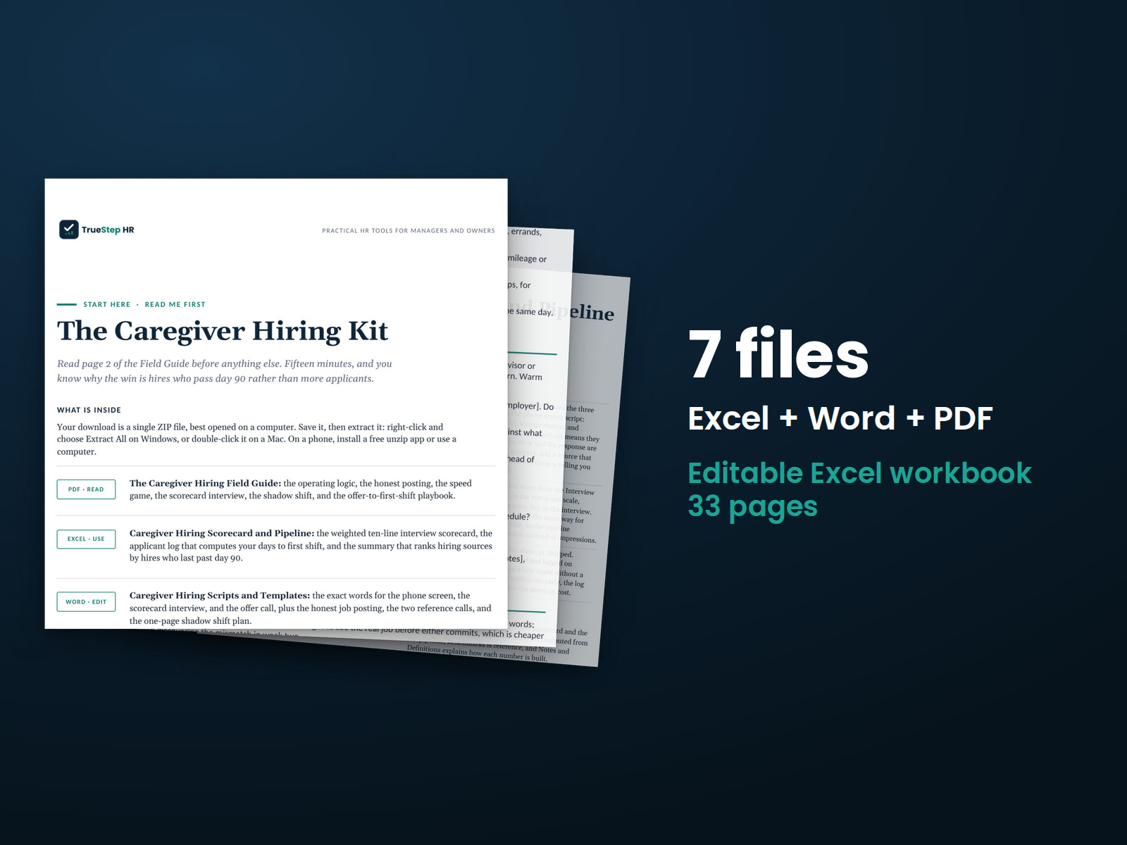 Caregiver Hiring Kit — the 7 files in this download shown as a stack of real pages: Excel + Word + PDF, 33 pages in all.