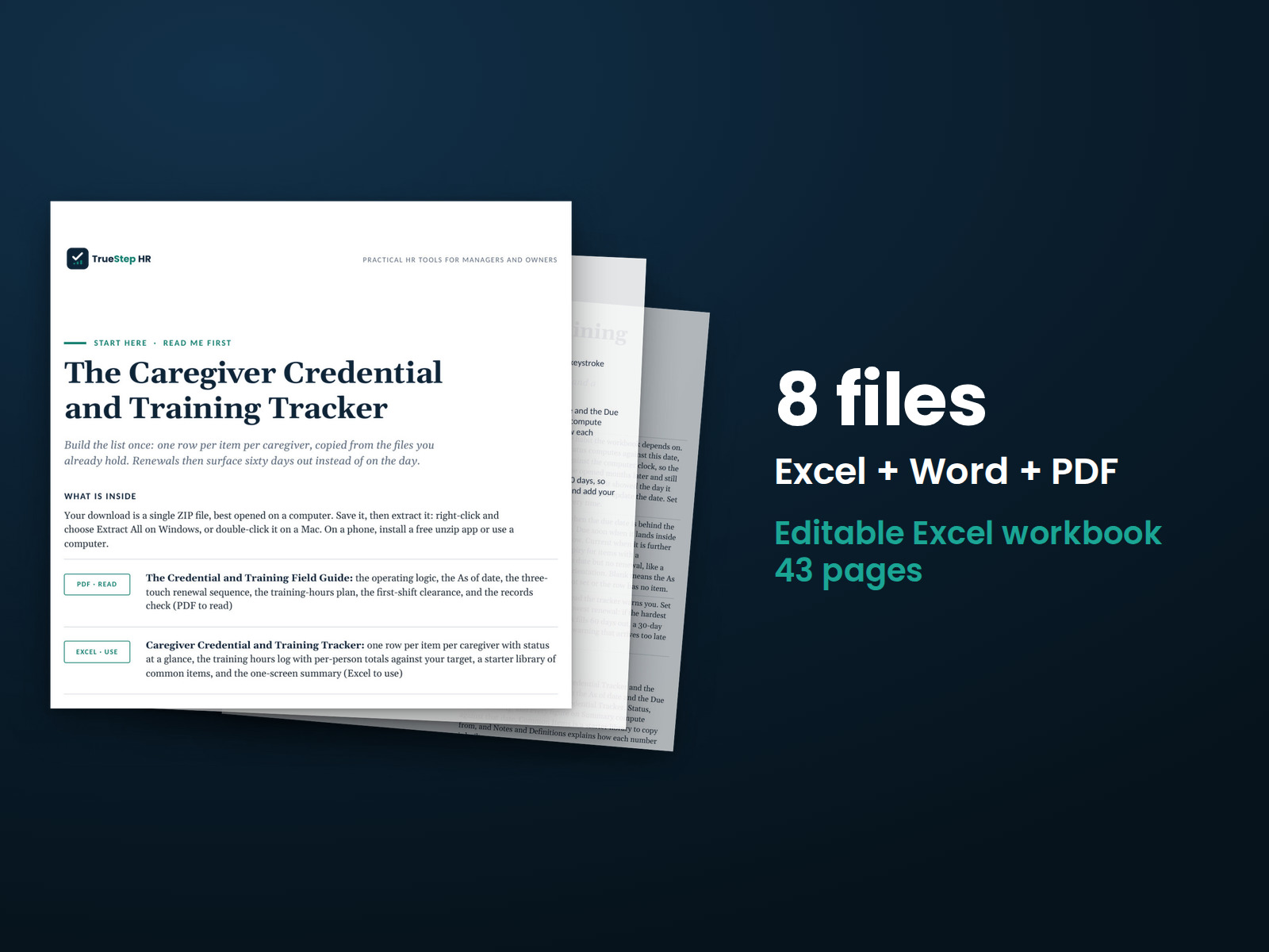Caregiver Credential and Training Tracker — the 8 files in this download shown as a stack of real pages: Excel + Word + PDF, 43 pages in all.