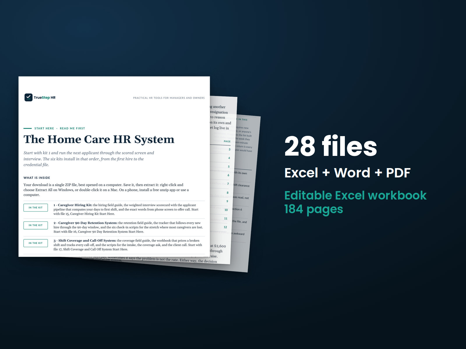 Home Care HR System — the 28 files in this download shown as a stack of real pages: Excel + Word + PDF, 184 pages in all.