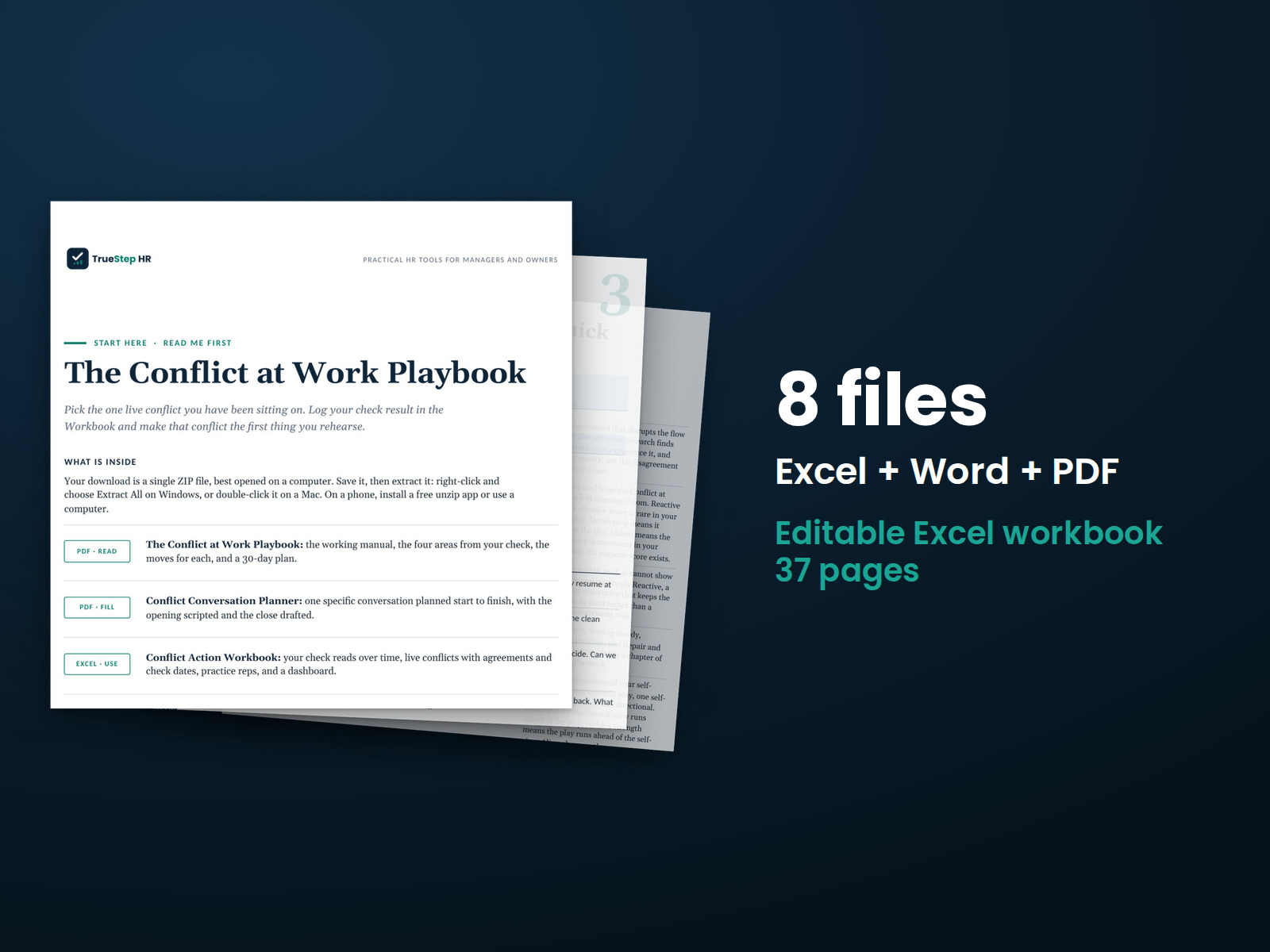 Conflict at Work Playbook — the 8 files in this download shown as a stack of real pages: Excel + Word + PDF, 37 pages in all.