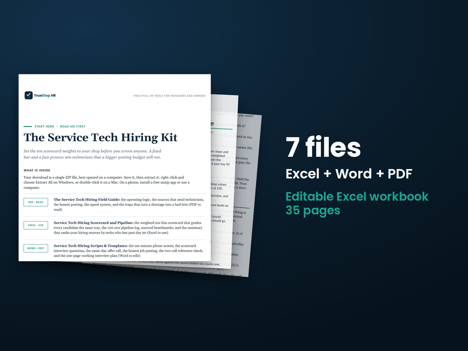 Service Tech Hiring Kit — the 7 files in this download shown as a stack of real pages: Excel + Word + PDF, 35 pages in all.