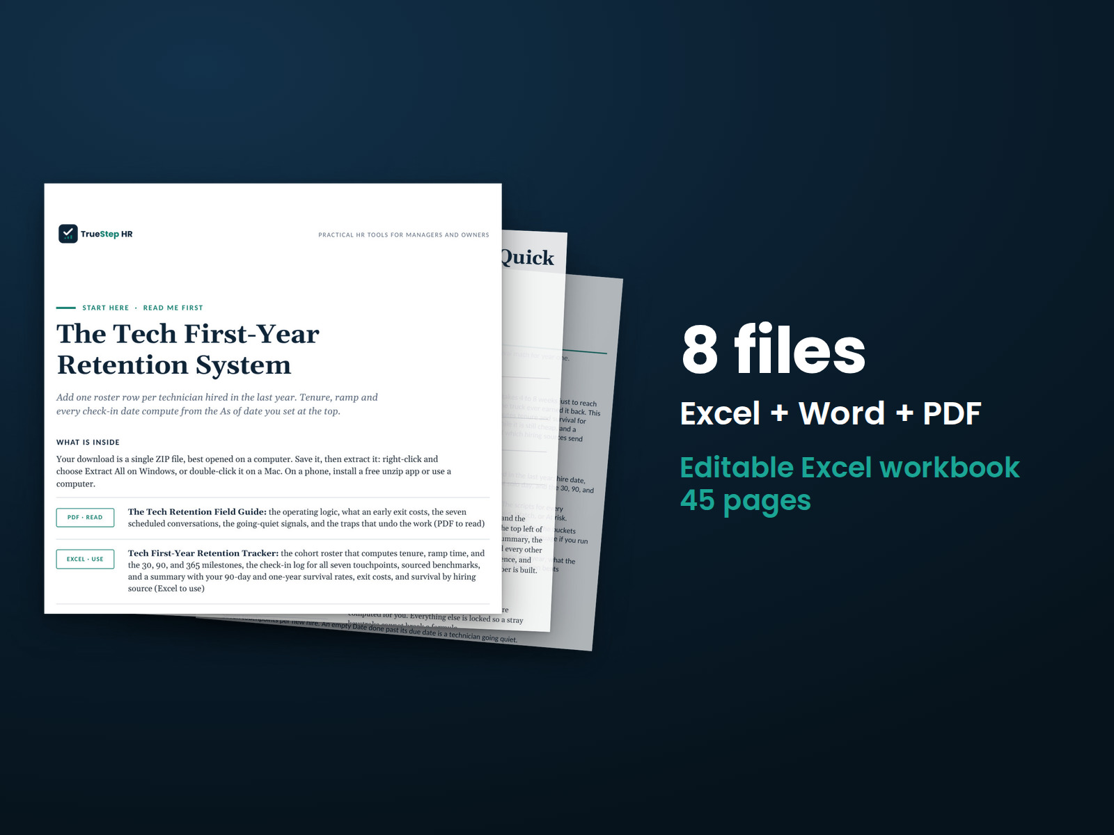Tech First-Year Retention System — the 8 files in this download shown as a stack of real pages: Excel + Word + PDF, 45 pages in all.