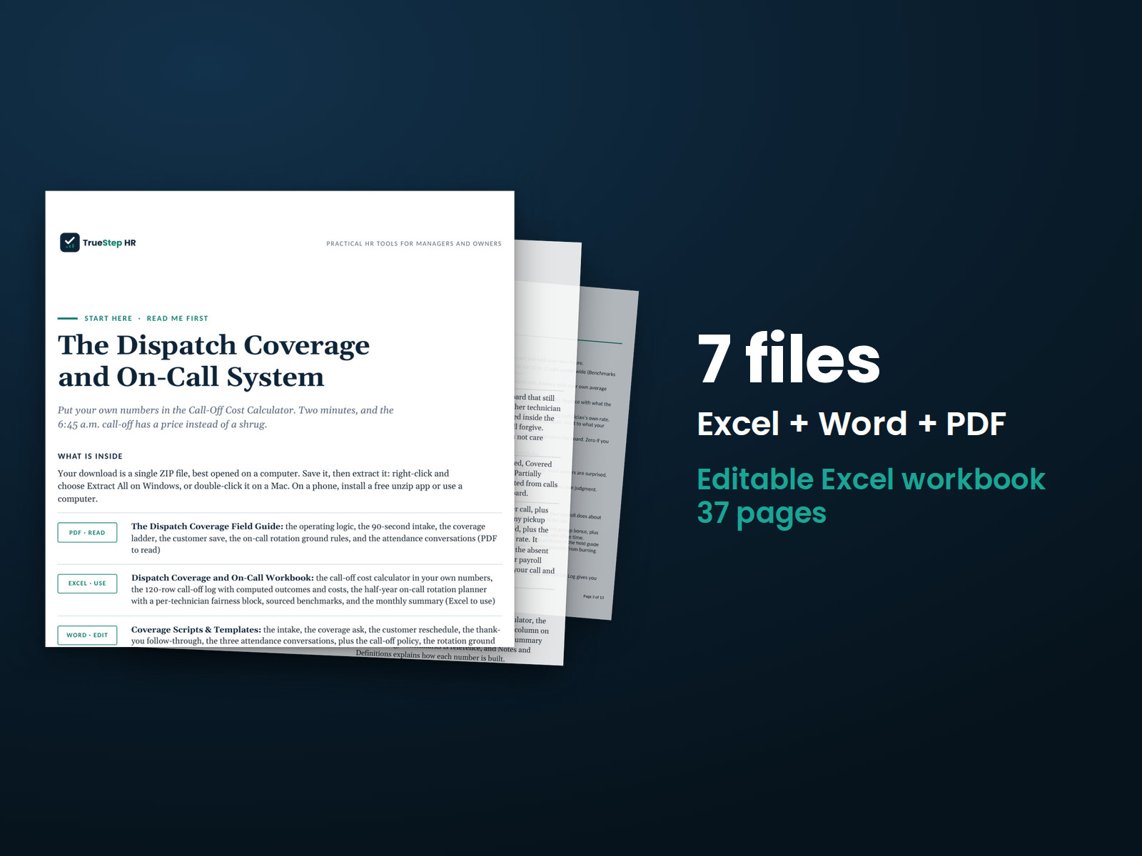 Dispatch Coverage and On-Call System — the 7 files in this download shown as a stack of real pages: Excel + Word + PDF, 37 pages in all.