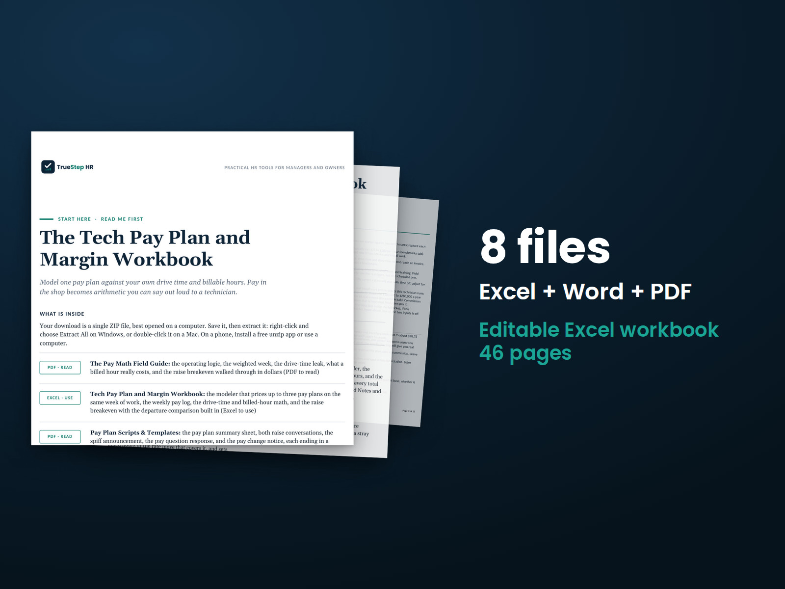 Tech Pay Plan and Margin Workbook — the 8 files in this download shown as a stack of real pages: Excel + Word + PDF, 46 pages in all.
