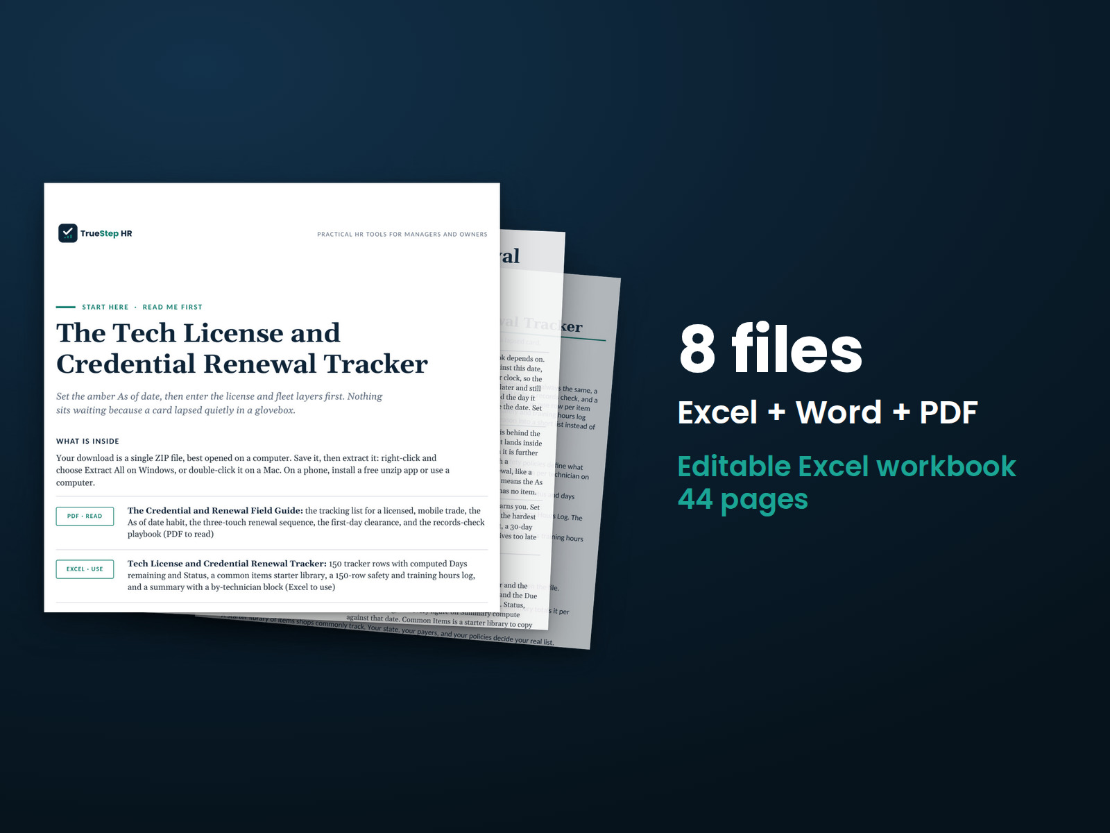 Tech License and Credential Renewal Tracker — the 8 files in this download shown as a stack of real pages: Excel + Word + PDF, 44 pages in all.