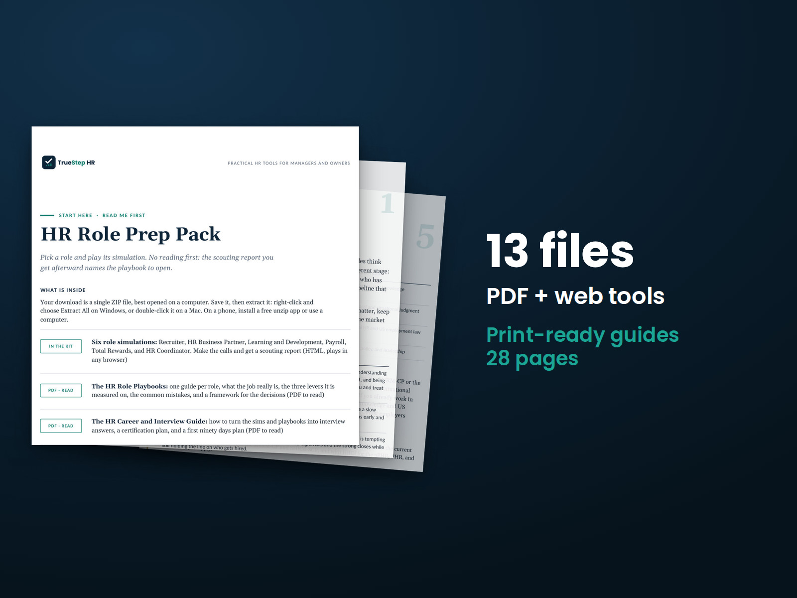 HR Role Prep Pack — the 13 files in this download shown as a stack of real pages: PDF + web tools, 28 pages in all.