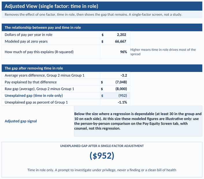 Adjusted View tab: the pay gap after removing time in role