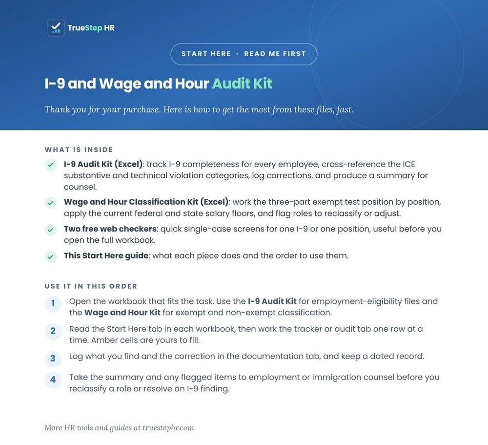 Start Here read me first cover for the I-9 and Wage and Hour Audit Kit
