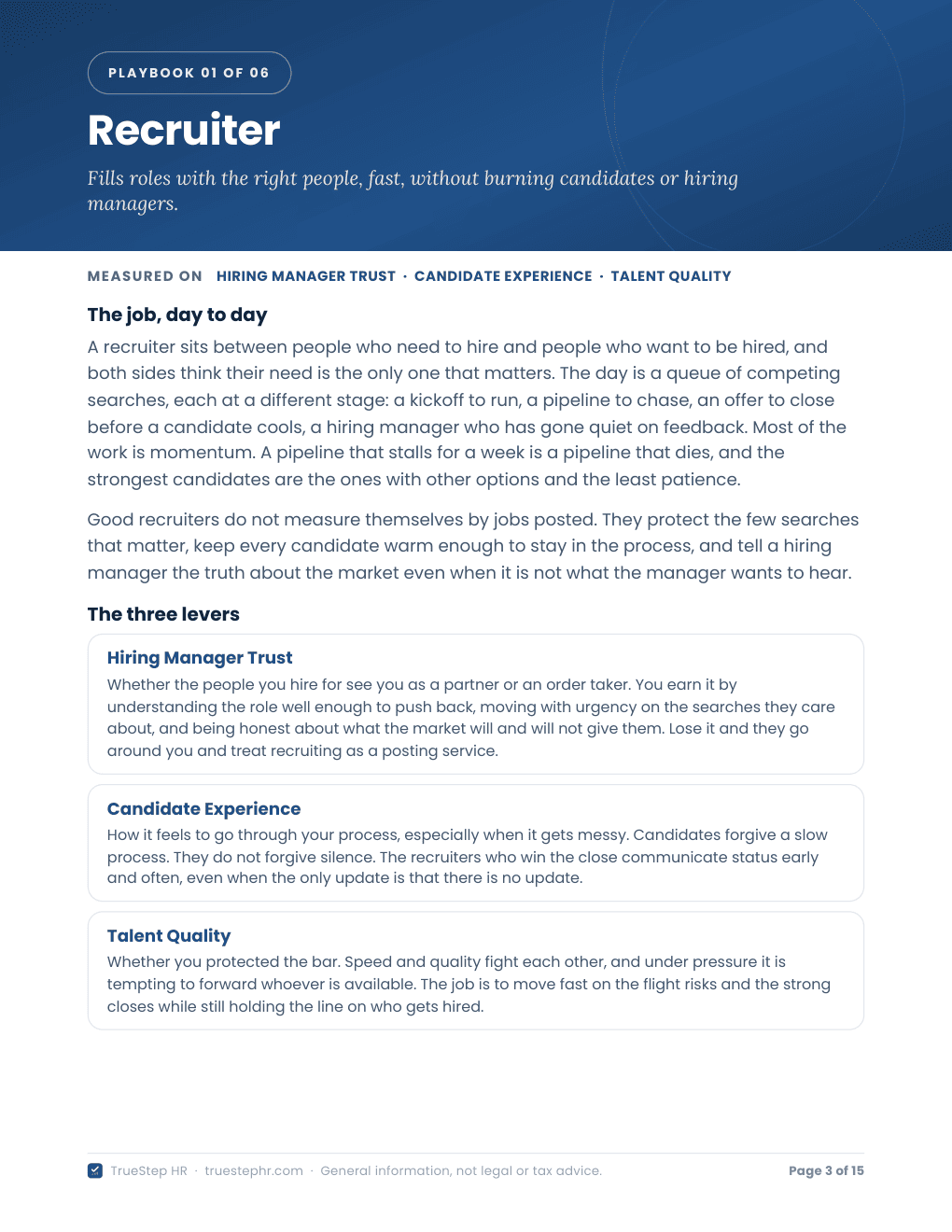 Page 3 of The HR Role Playbooks: the Recruiter playbook, with a measured-on band reading Hiring Manager Trust, Candidate Experience, and Talent Quality, a The job, day to day section, and three lever cards explaining what each measure means and how it is earned or lost