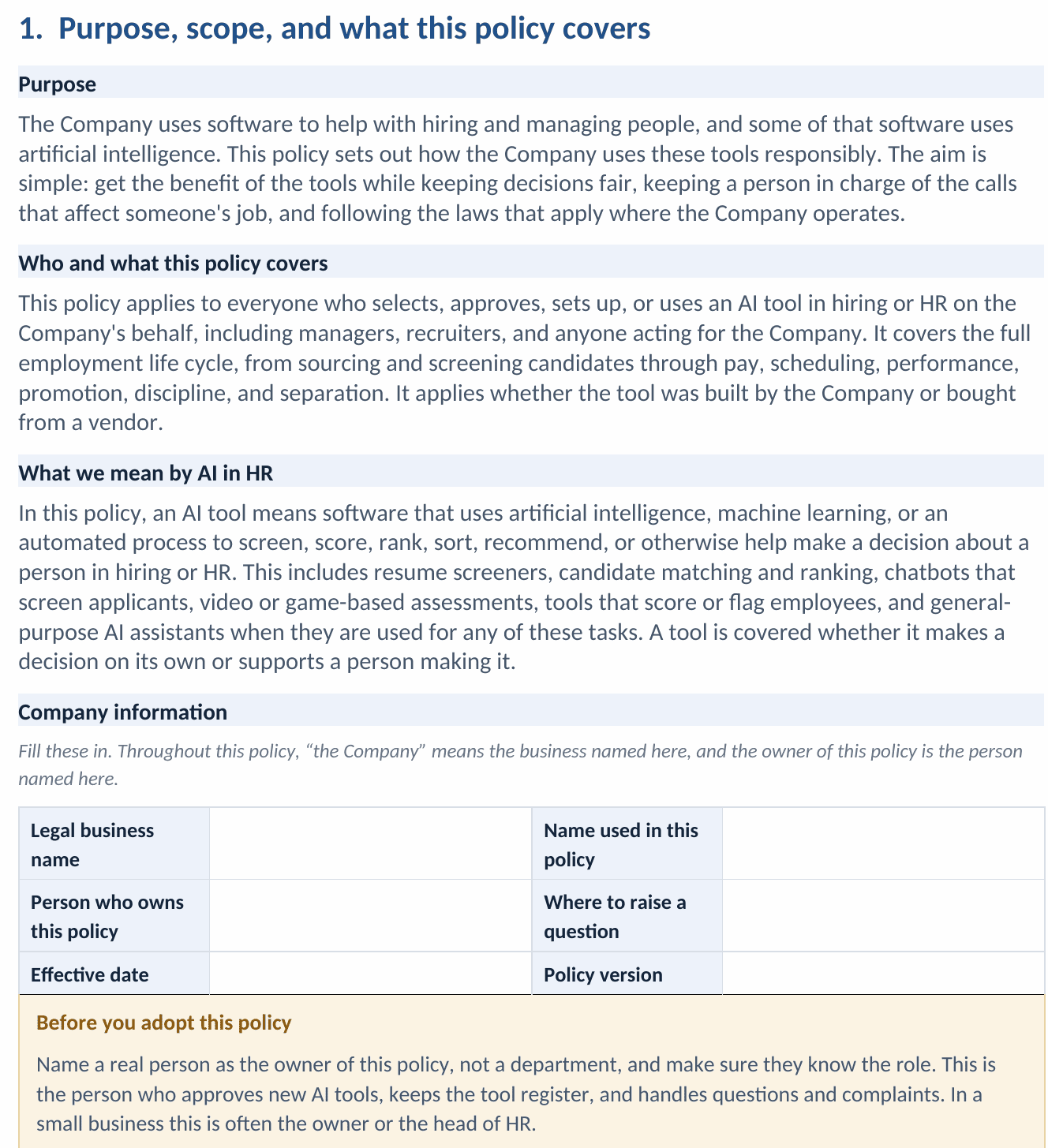 Page one of the adoptable policy from the Word file: purpose, who and what the policy covers, what the Company means by AI in HR, a shaded Company information table with fill-in fields for the business name, the policy owner, the effective date, and the version, and an amber note on naming a real person as the owner