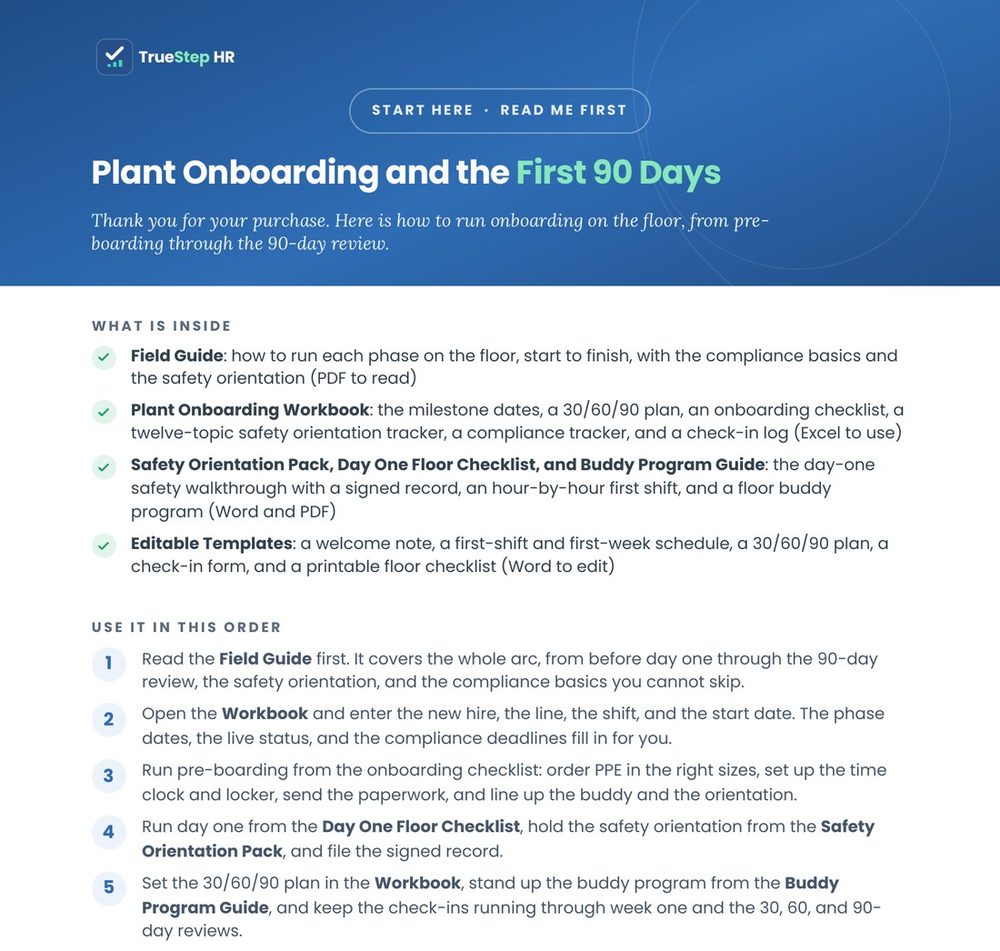 The Start Here page of the Plant Onboarding System: what is inside, the order to use the files, and the day-one safety and first-week compliance steps for a plant new hire