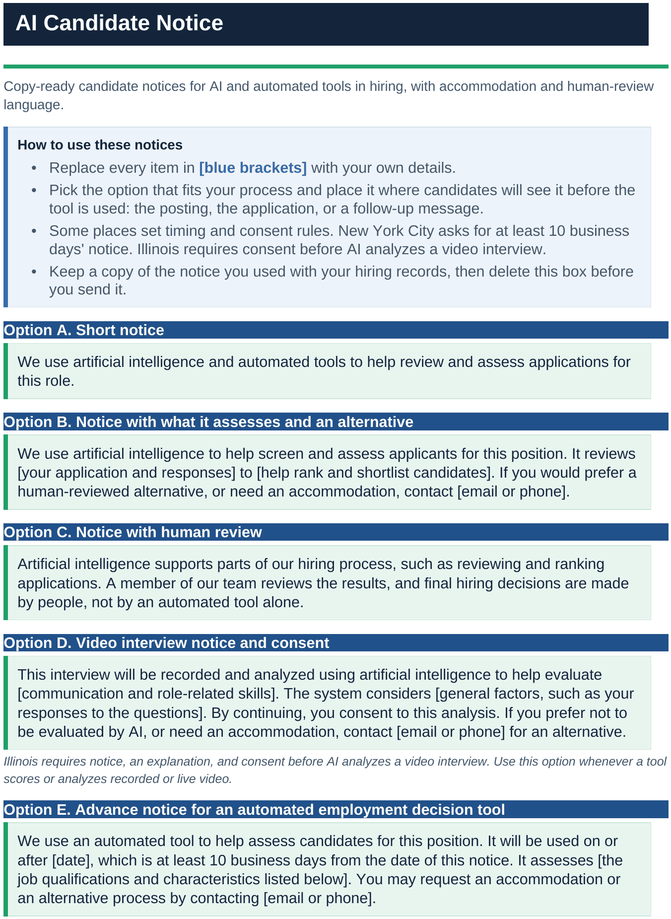 AI candidate notice template with five wording options including video-interview consent