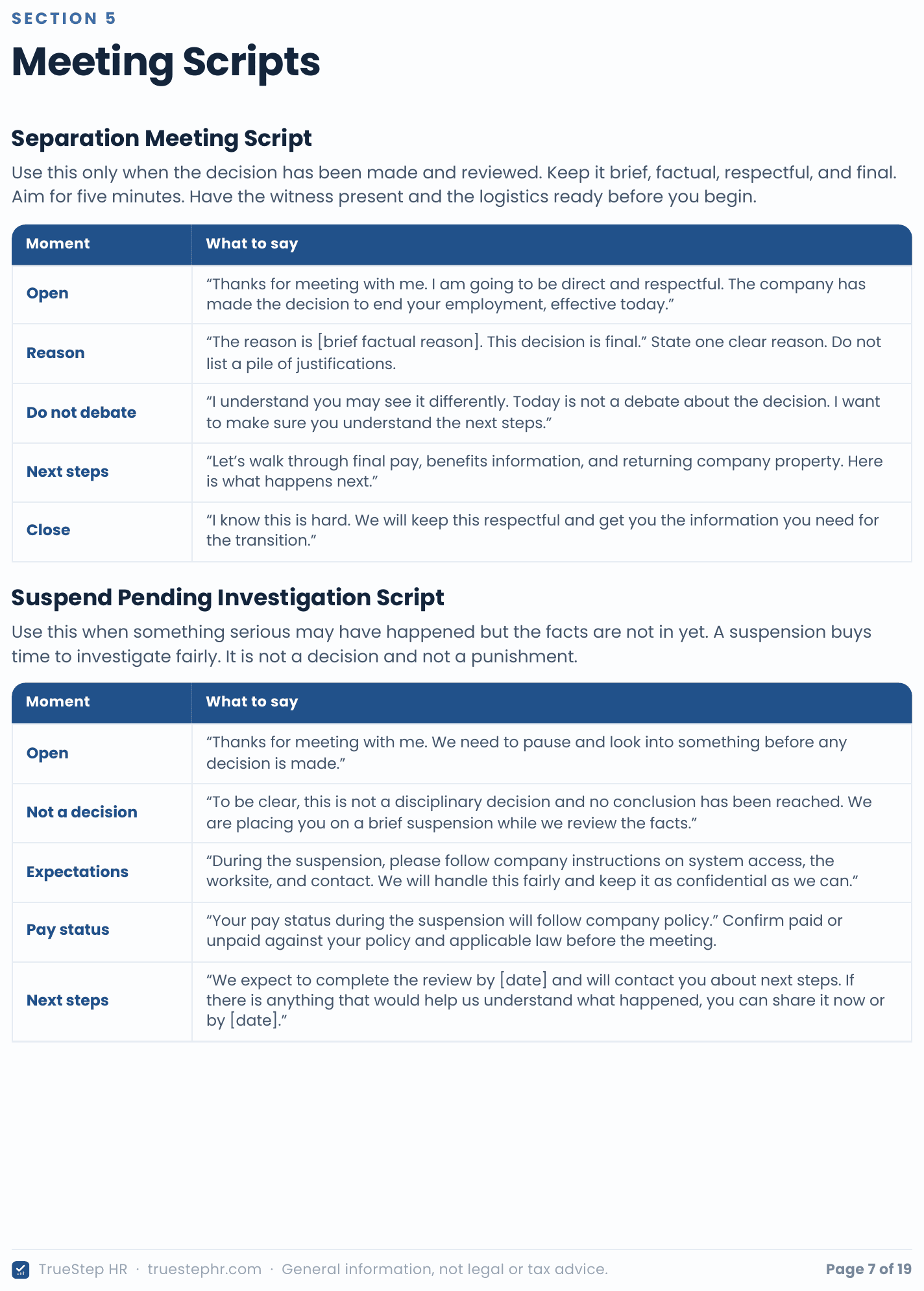 The Meeting Scripts page: a separation meeting script and a suspend-pending-investigation script, each a table of moments, open, reason, next steps, and close, with the exact words to say